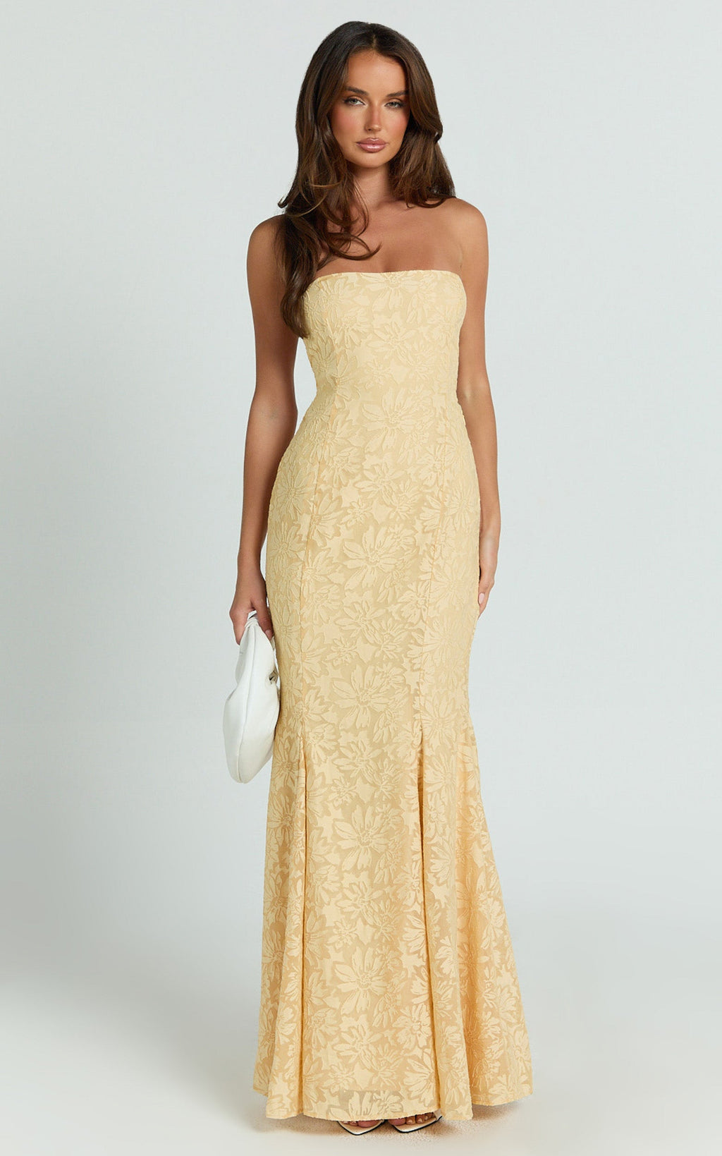 Belrose Maxi Elbise - Sarı Jakarlı Kare Yaka Fit & Flare Elbise