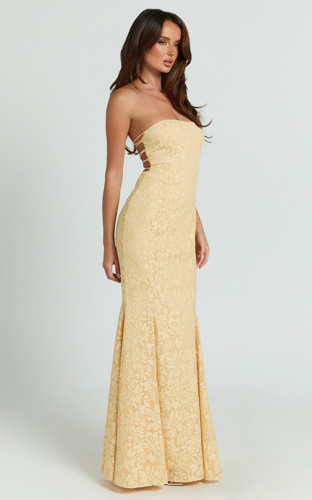 Belrose Maxi Elbise - Sarı Jakarlı Kare Yaka Fit & Flare Elbise