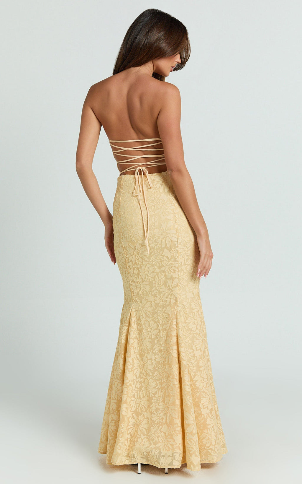 Belrose Maxi Elbise - Sarı Jakarlı Kare Yaka Fit & Flare Elbise