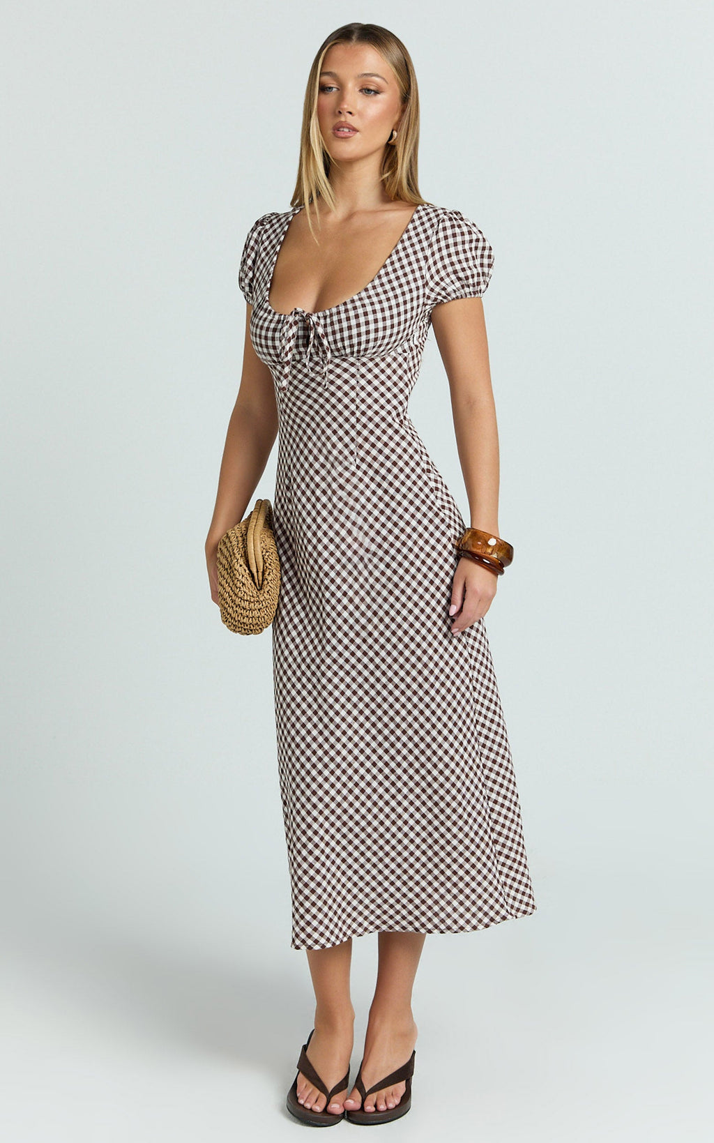 Bernice Midi Elbise - Çikolata Ekoseli U Yaka A Kesim Elbise
