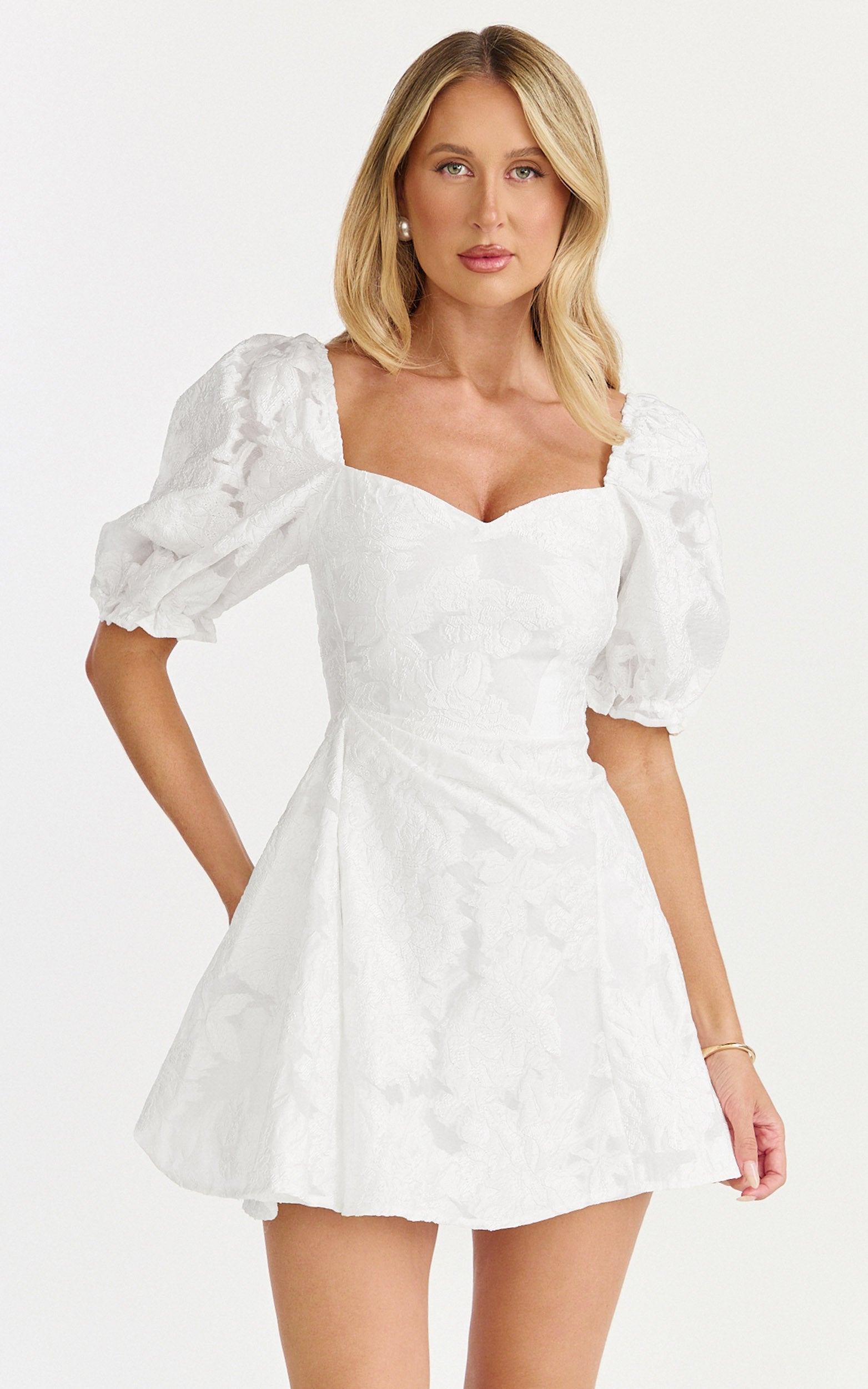 Brailey Mini Elbise - Beyaz Balon Kollu Fit & Flare Elbise