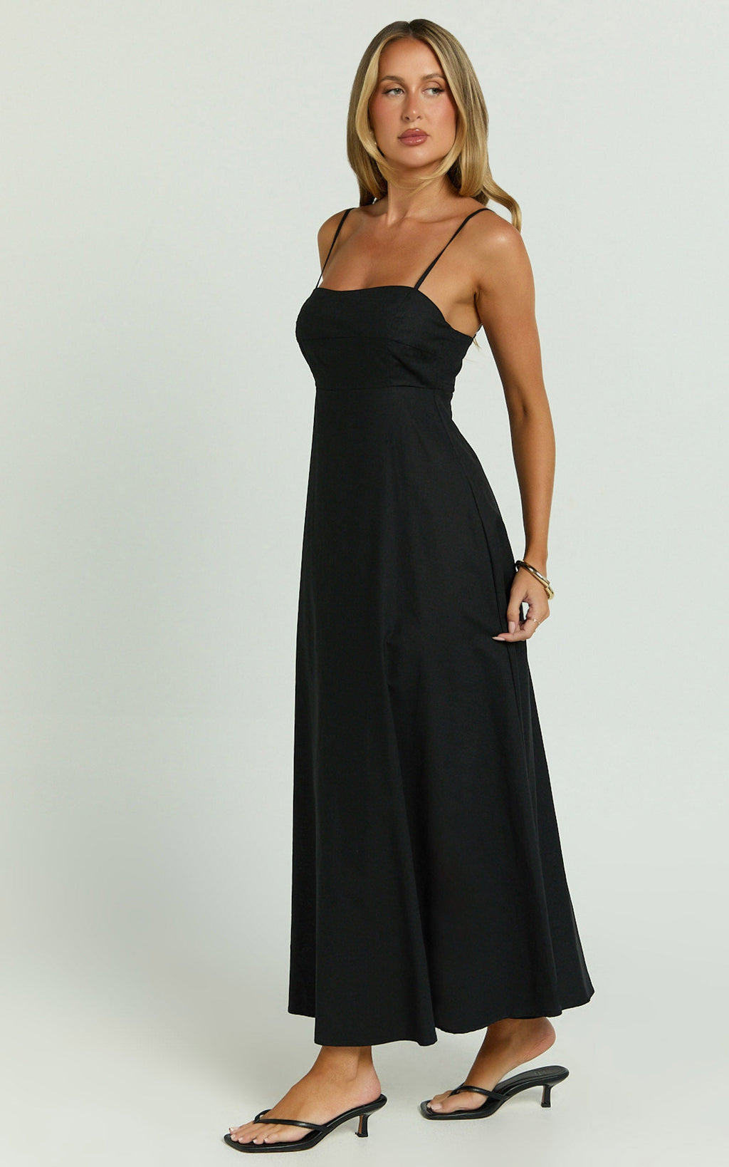 Brette Midi Elbise - Siyah Keten Düz Yaka İnce Askılı Fit & Flare Elbise