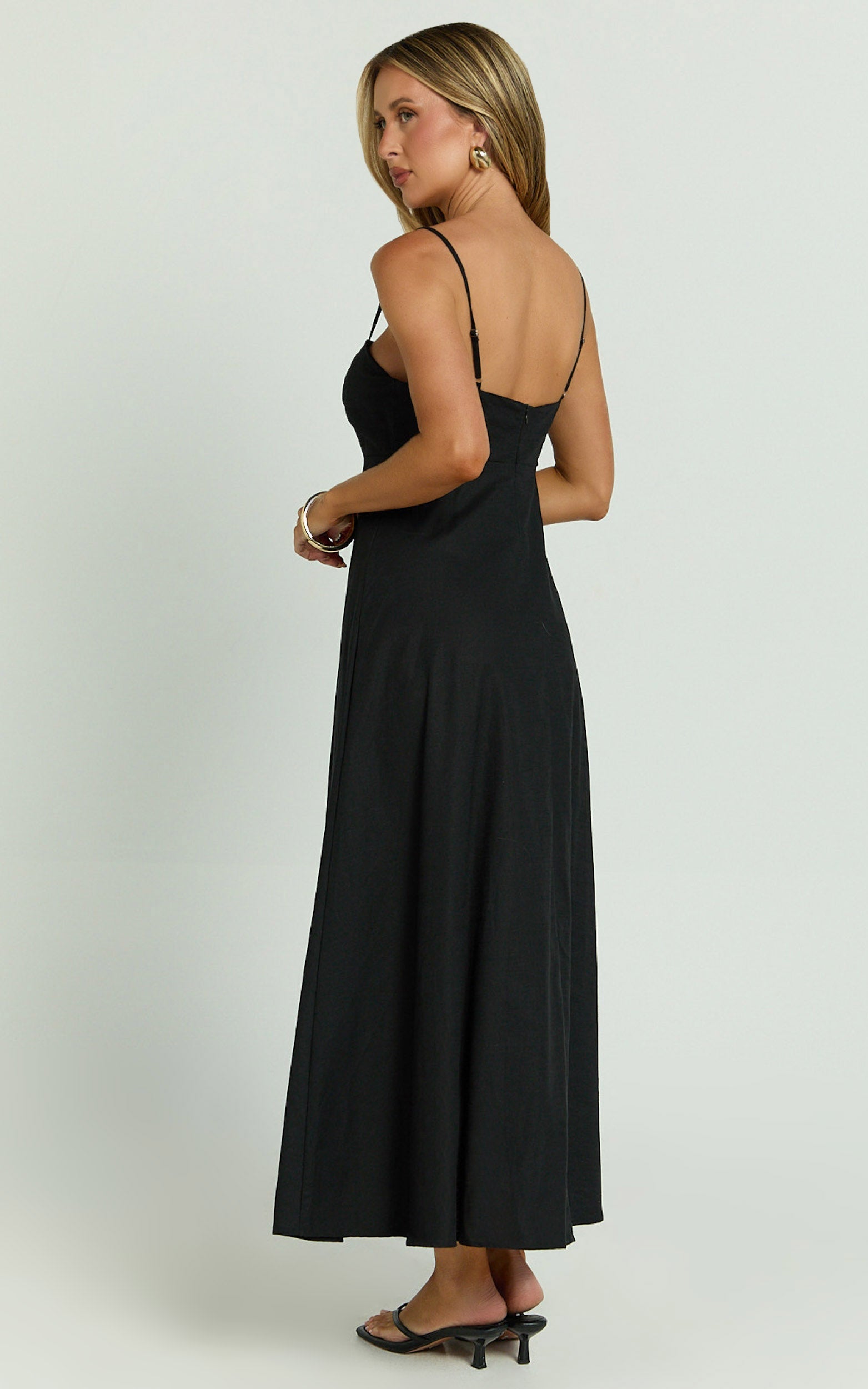 Brette Midi Elbise - Siyah Keten Düz Yaka İnce Askılı Fit & Flare Elbise