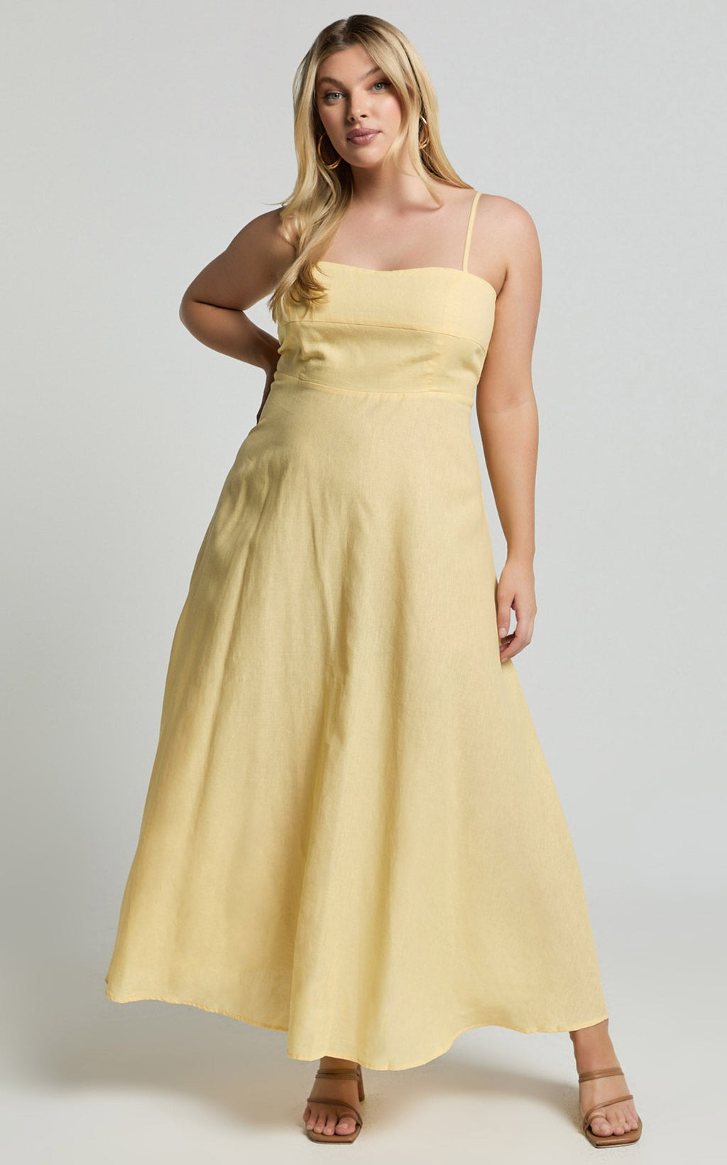 Brette Midi Elbise - Limon Sarısı Keten Düz Yaka İnce Askılı Fit & Flare Elbise
