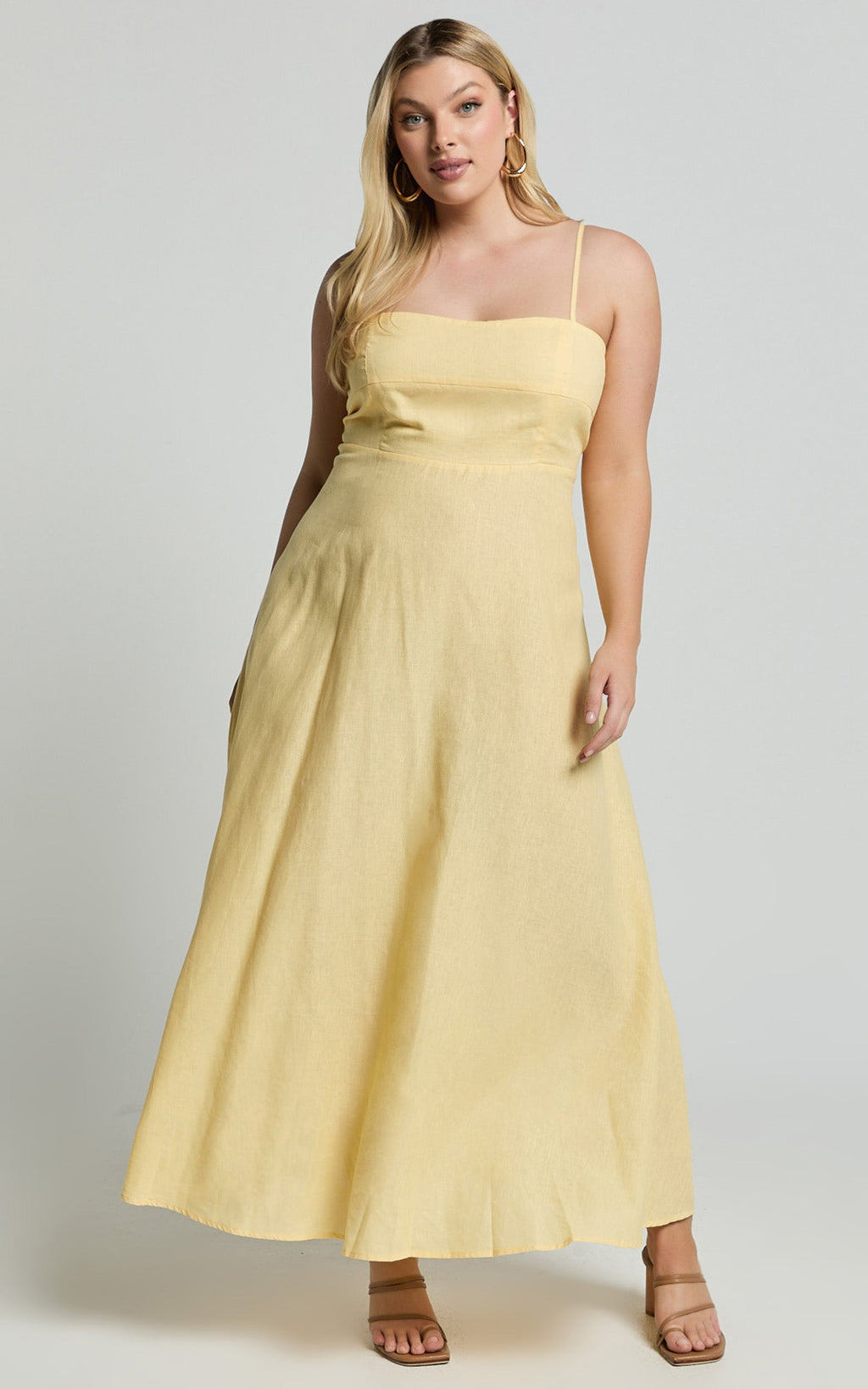 Brette Midi Elbise - Limon Sarısı Keten Düz Yaka İnce Askılı Fit & Flare Elbise