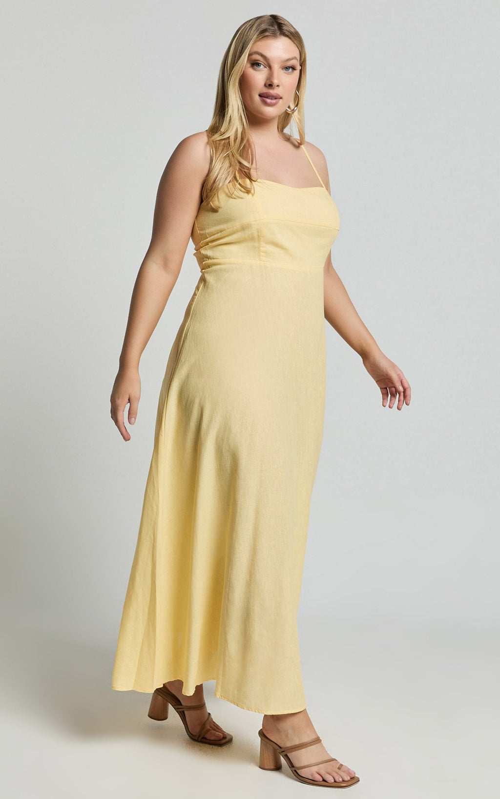Brette Midi Elbise - Limon Sarısı Keten Düz Yaka İnce Askılı Fit & Flare Elbise