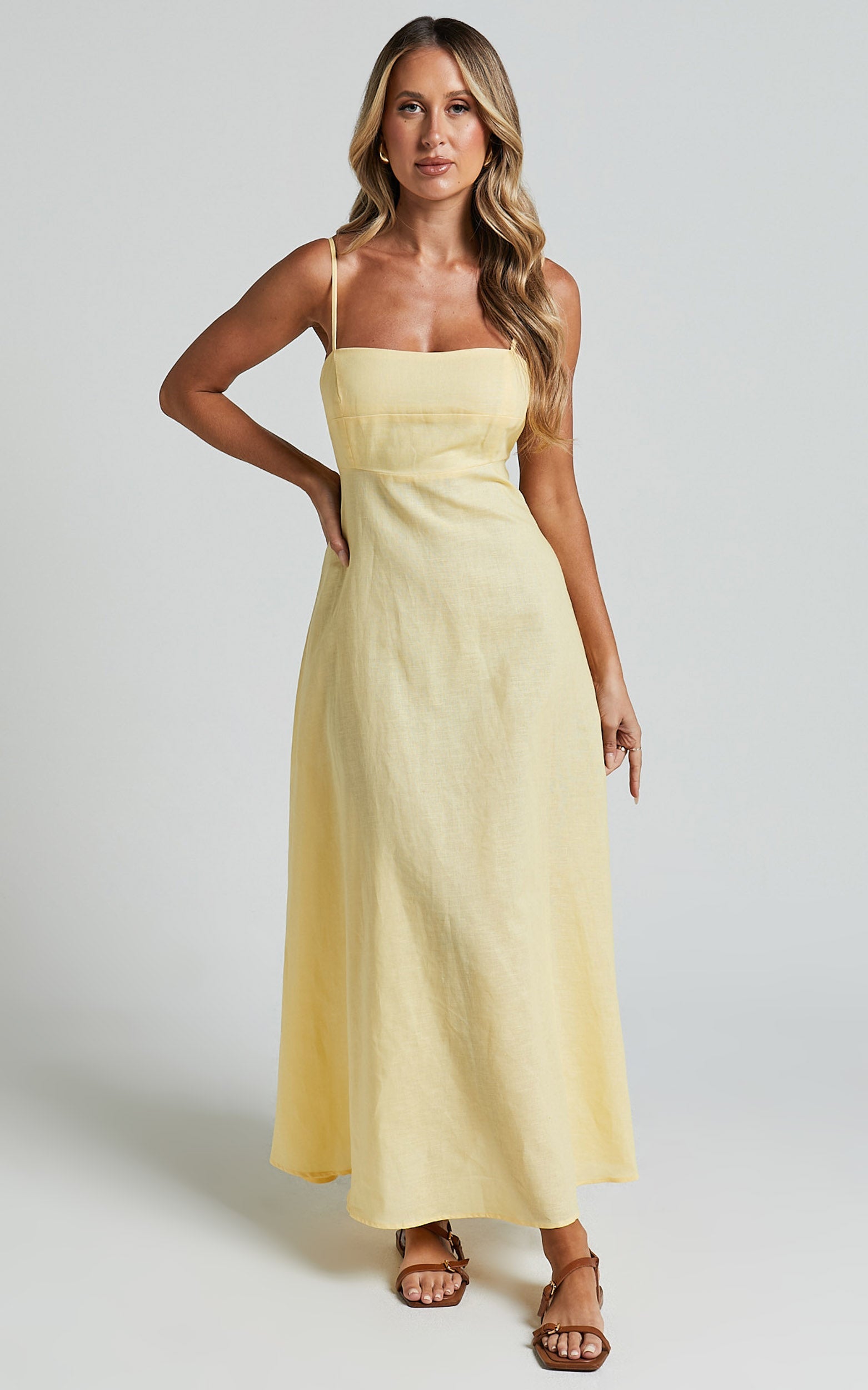 Brette Midi Elbise - Limon Sarısı Keten Düz Yaka İnce Askılı Fit & Flare Elbise