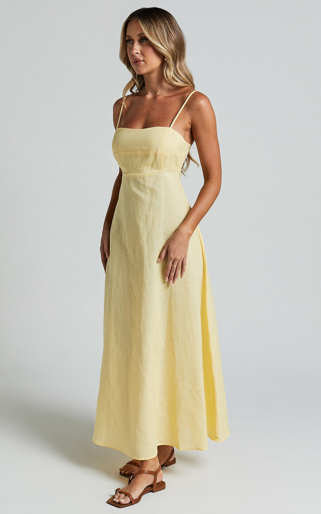 Brette Midi Elbise - Limon Sarısı Keten Düz Yaka İnce Askılı Fit & Flare Elbise