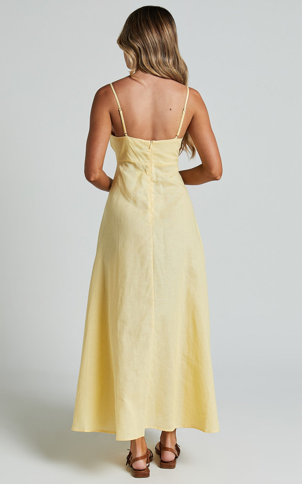 Brette Midi Elbise - Limon Sarısı Keten Düz Yaka İnce Askılı Fit & Flare Elbise