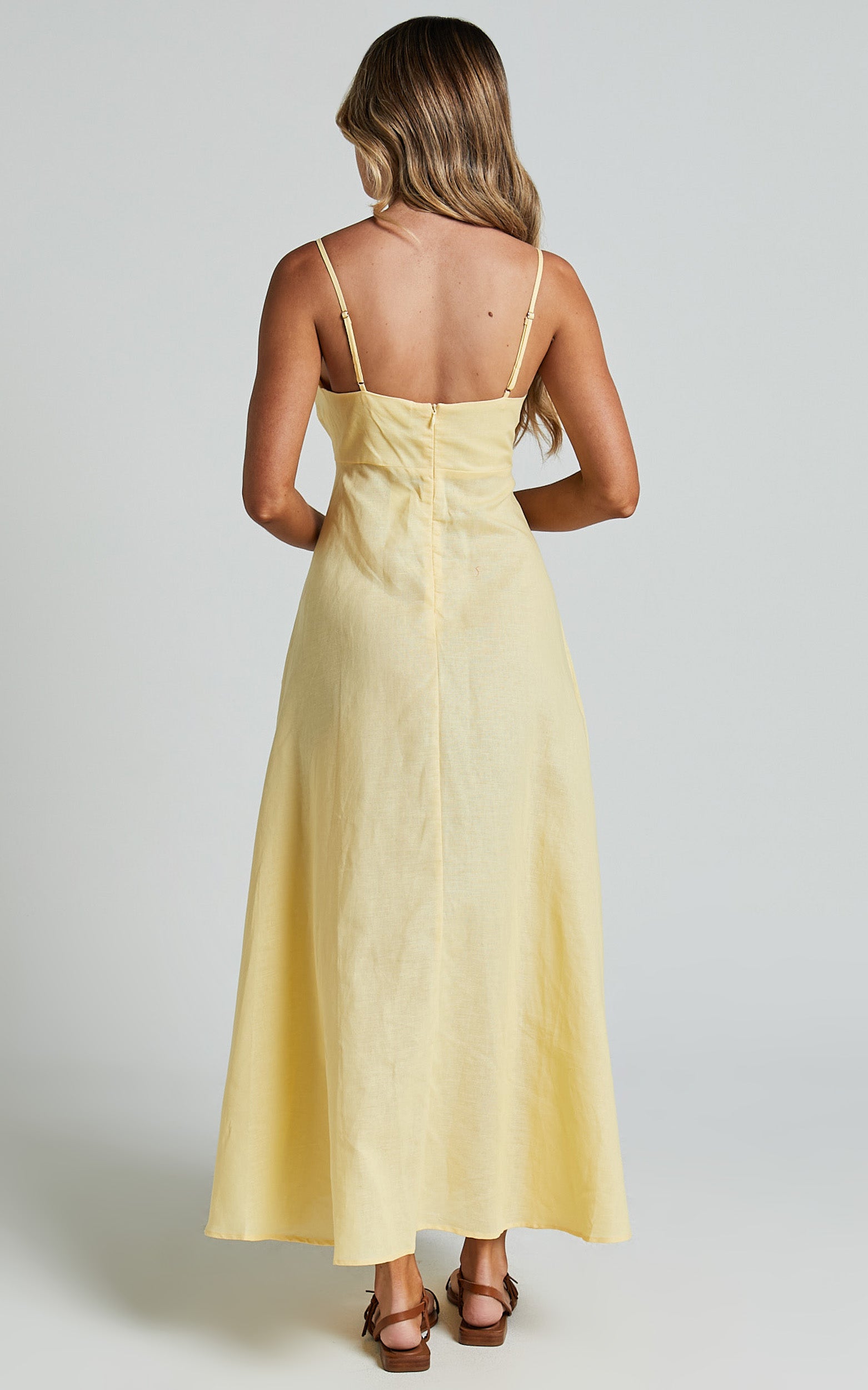 Brette Midi Elbise - Limon Sarısı Keten Düz Yaka İnce Askılı Fit & Flare Elbise