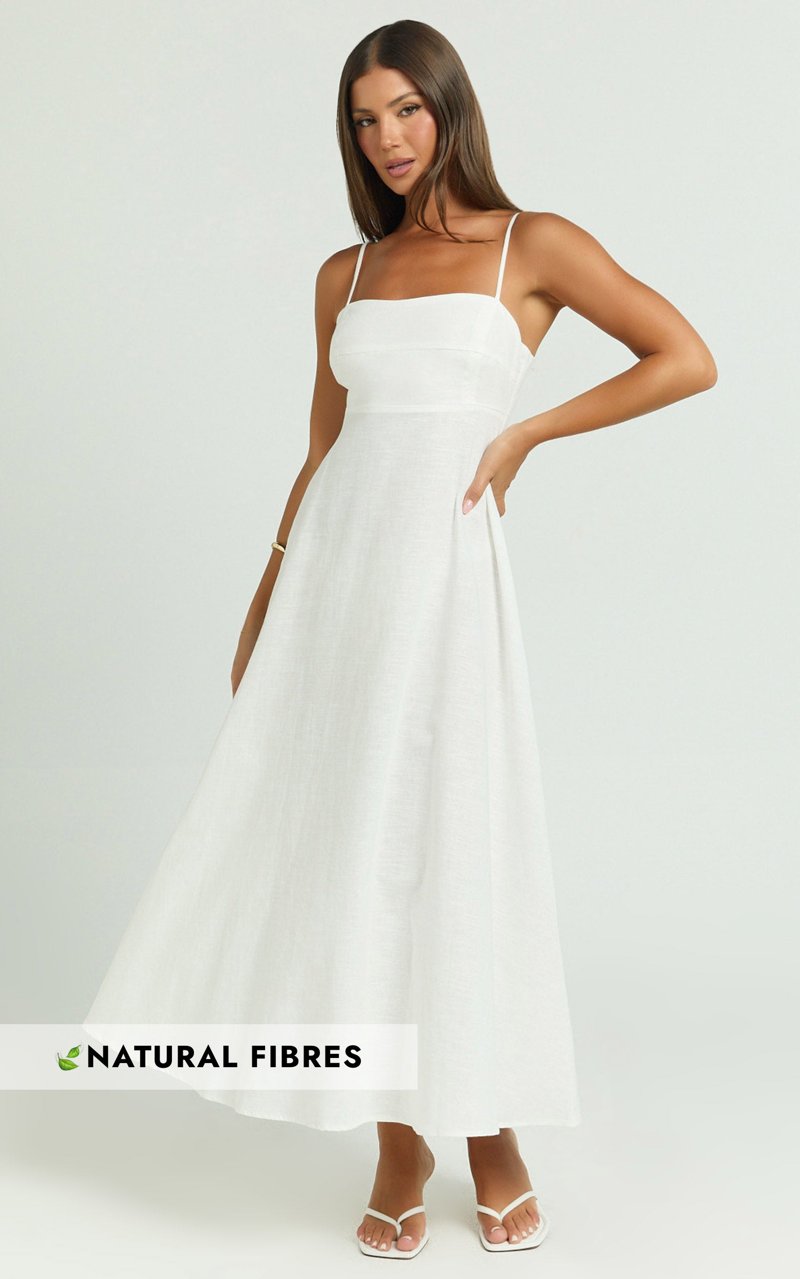Brette Midi Elbise - Beyaz Keten Düz Yaka İnce Askılı Fit & Flare Elbise