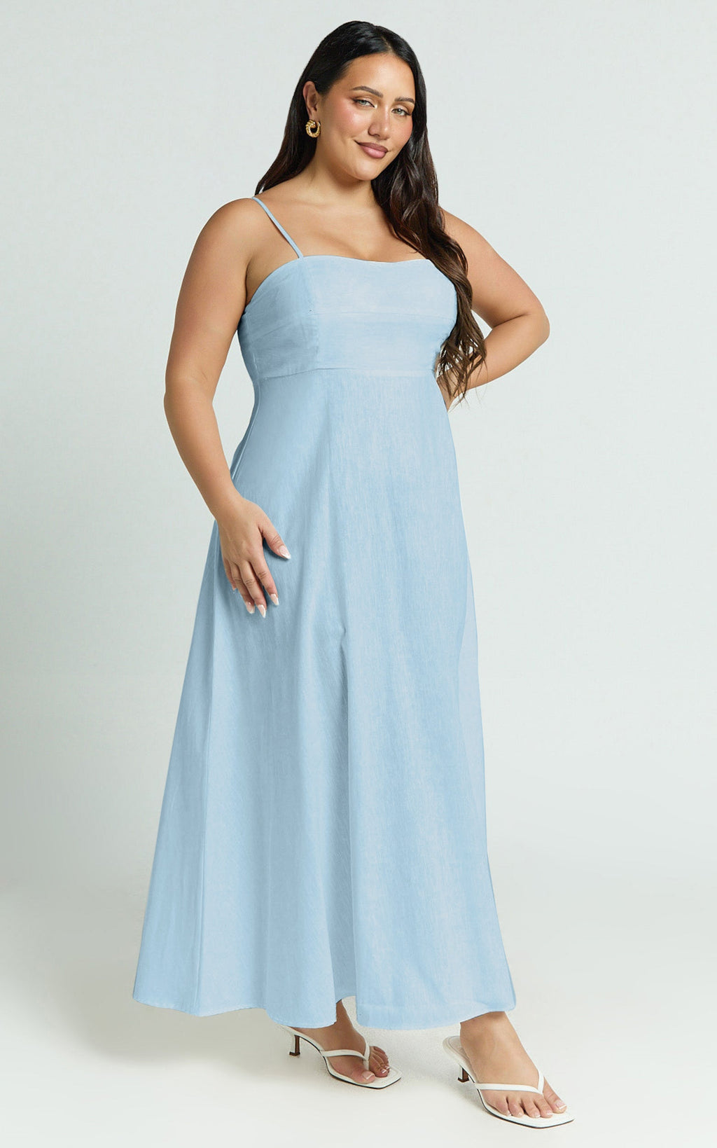 Brette Midi Elbise - Mavi Keten Düz Yaka İnce Askılı Fit & Flare Elbise