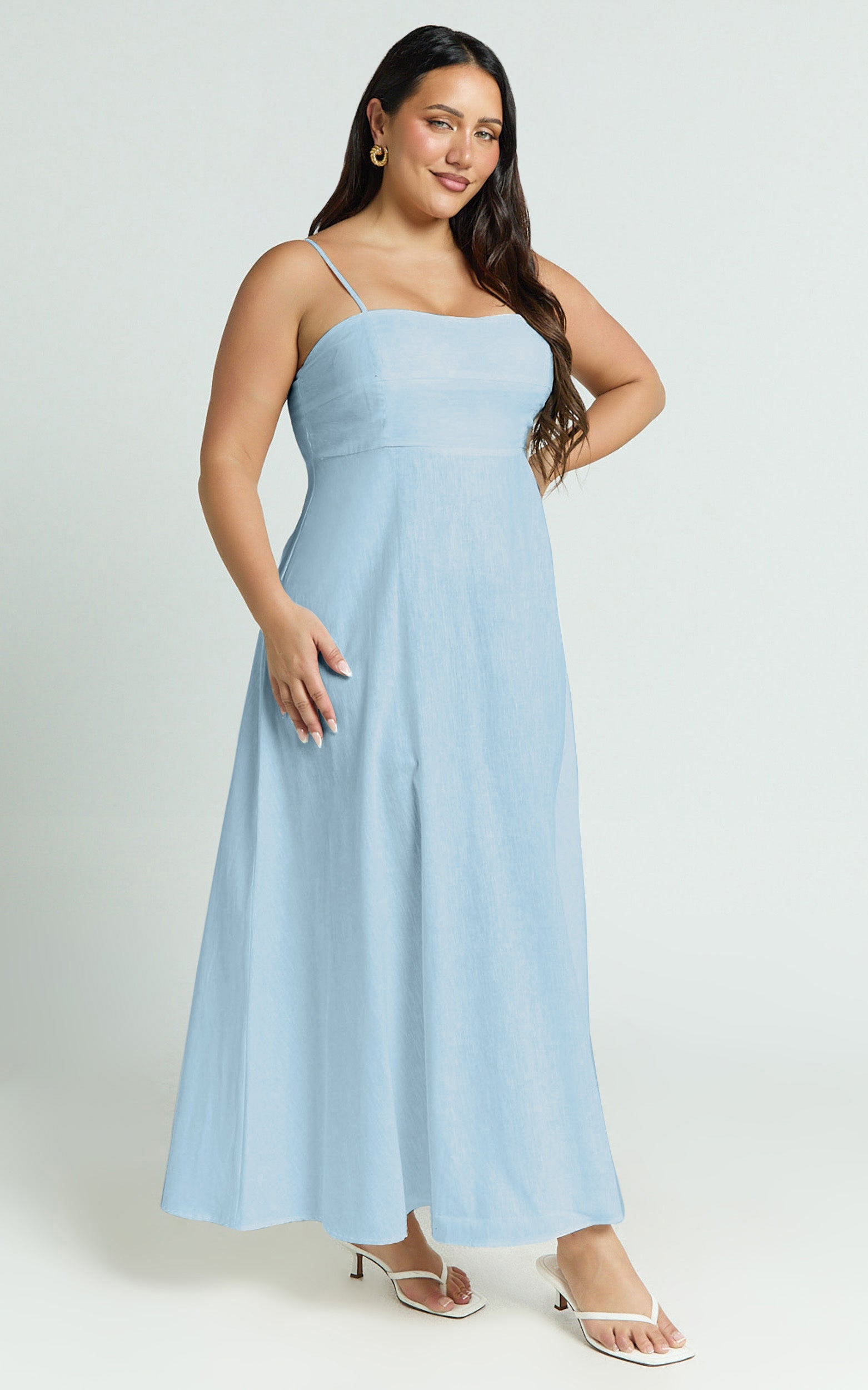 Brette Midi Elbise - Mavi Keten Düz Yaka İnce Askılı Fit & Flare Elbise