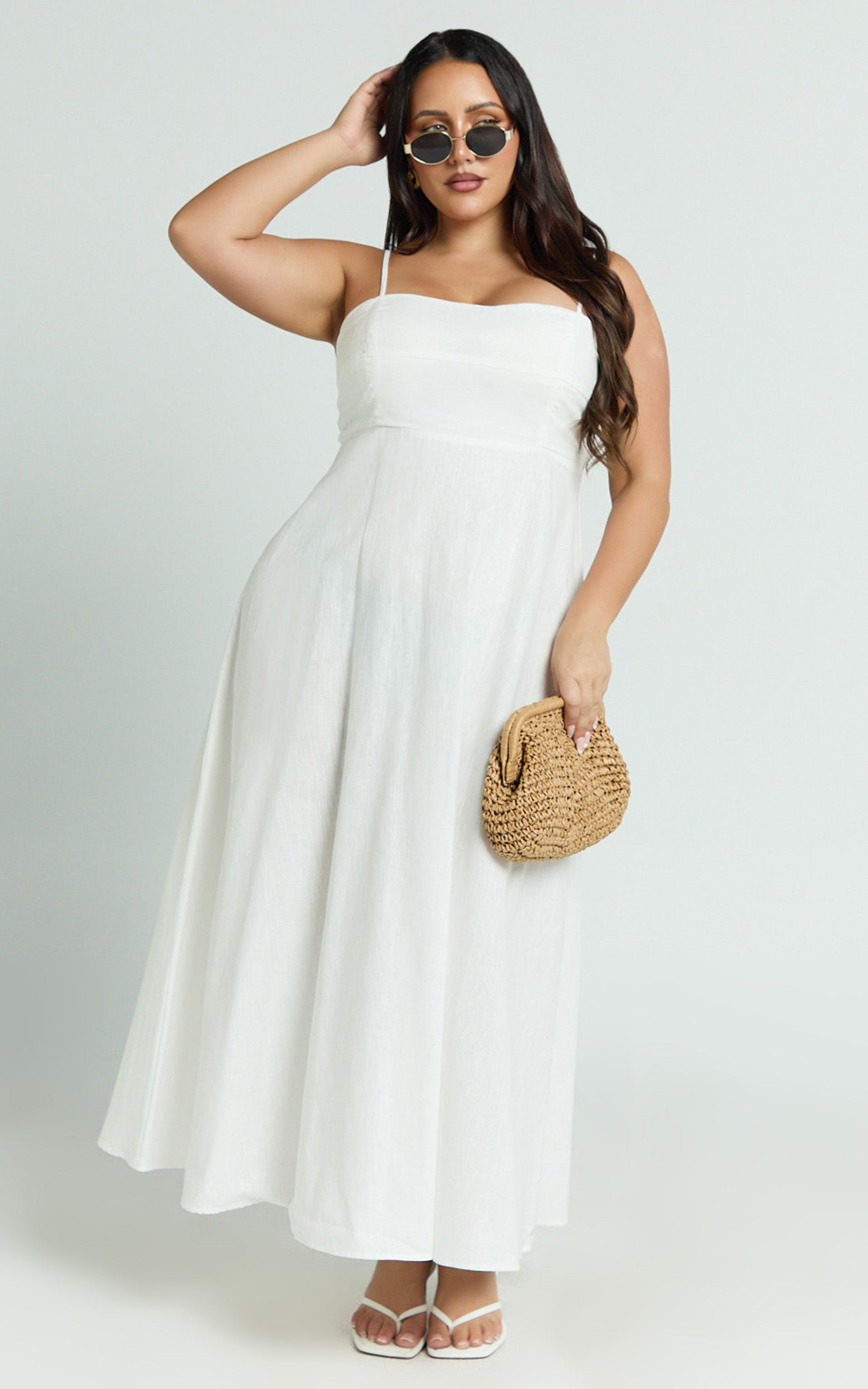Brette Midi Elbise - Beyaz Keten Düz Yaka İnce Askılı Fit & Flare Elbise