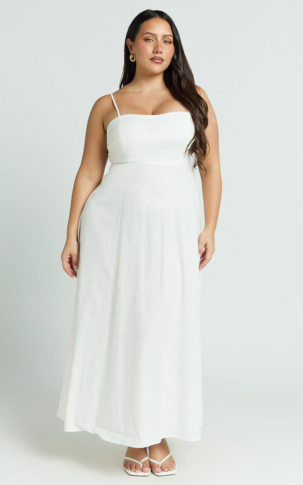 Brette Midi Elbise - Beyaz Keten Düz Yaka İnce Askılı Fit & Flare Elbise