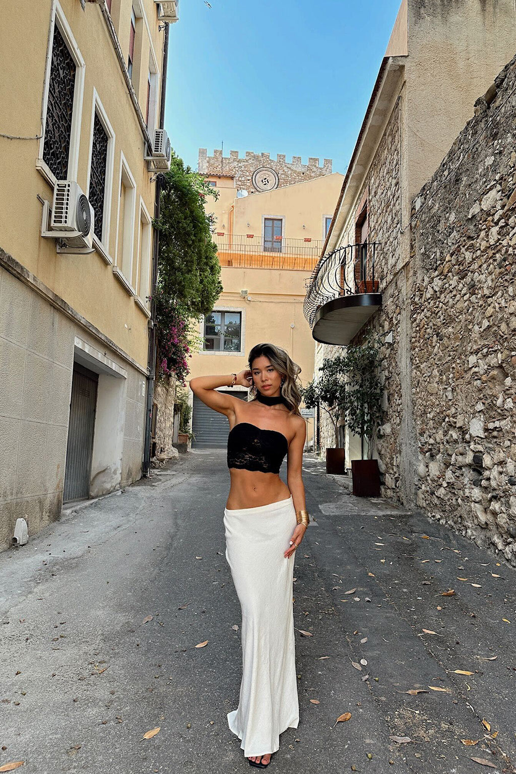Brigette Siyah Dantelli Crop Üst ve Fular
