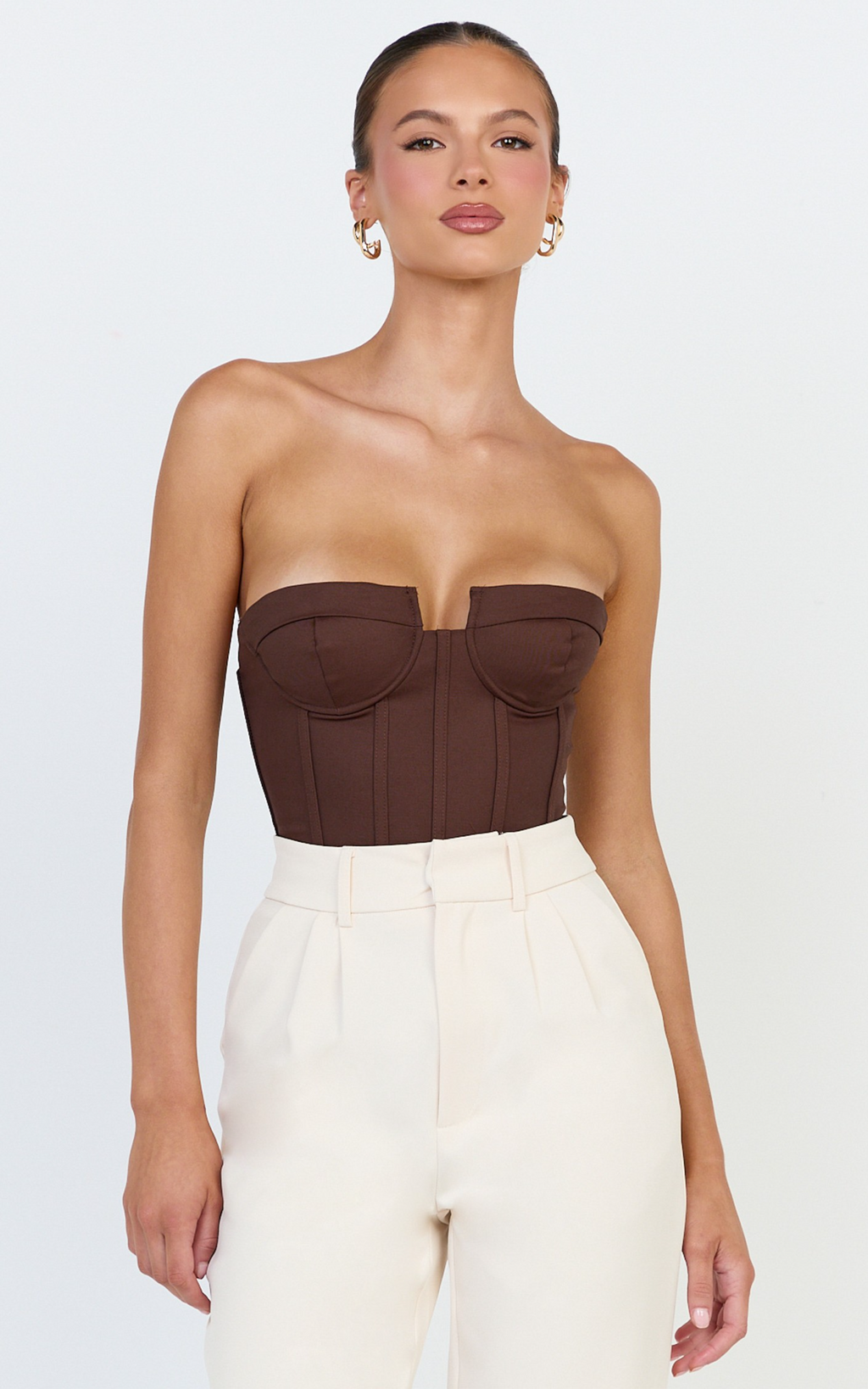 Brigitte Bodysuit - Çikolata Kalp Yaka Panelli Bodysuit