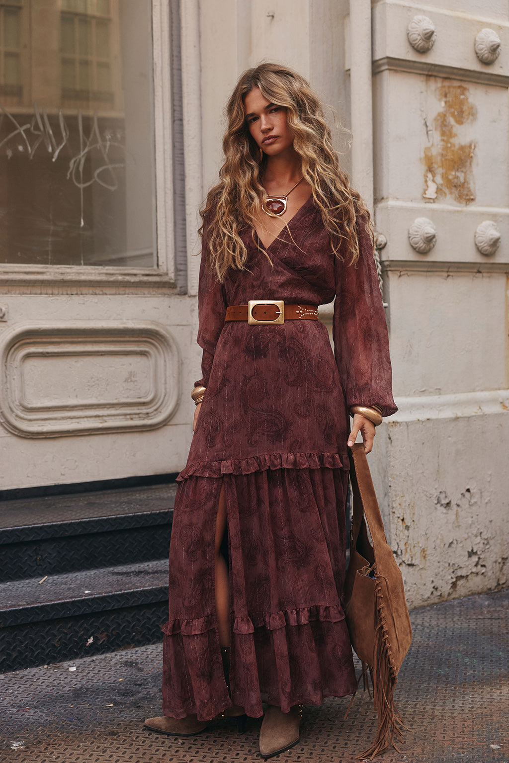 Raindance Mor Dut Paisley Desenli Uzun Kollu Maxi Elbise