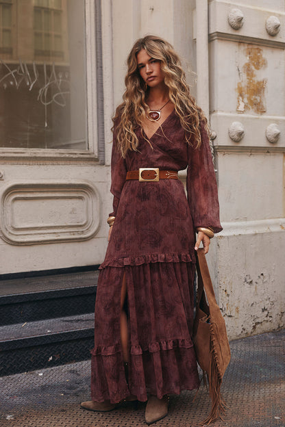 Raindance Mor Dut Paisley Desenli Uzun Kollu Maxi Elbise
