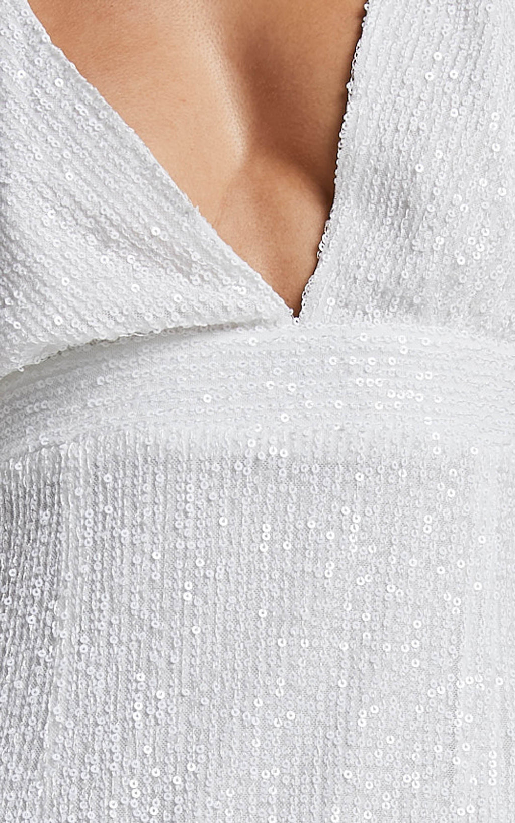 Cleonna Mini Elbise - Beyaz Kısa Balon Kollu Derin Yaka Payetli Bodycon Elbise
