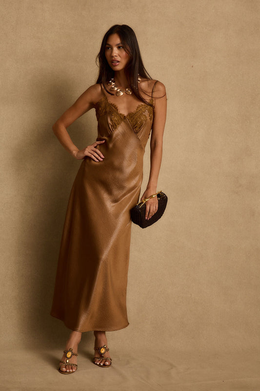 Cordon Bronz Saten Maxi Elbise