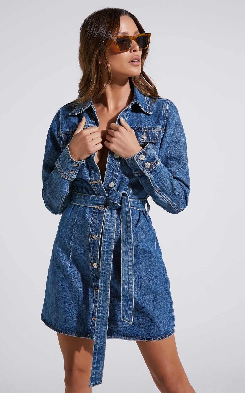 Enriquetta Mini Elbise - Mavi Pamuklu Denim Uzun Kollu Düğmeli Elbise