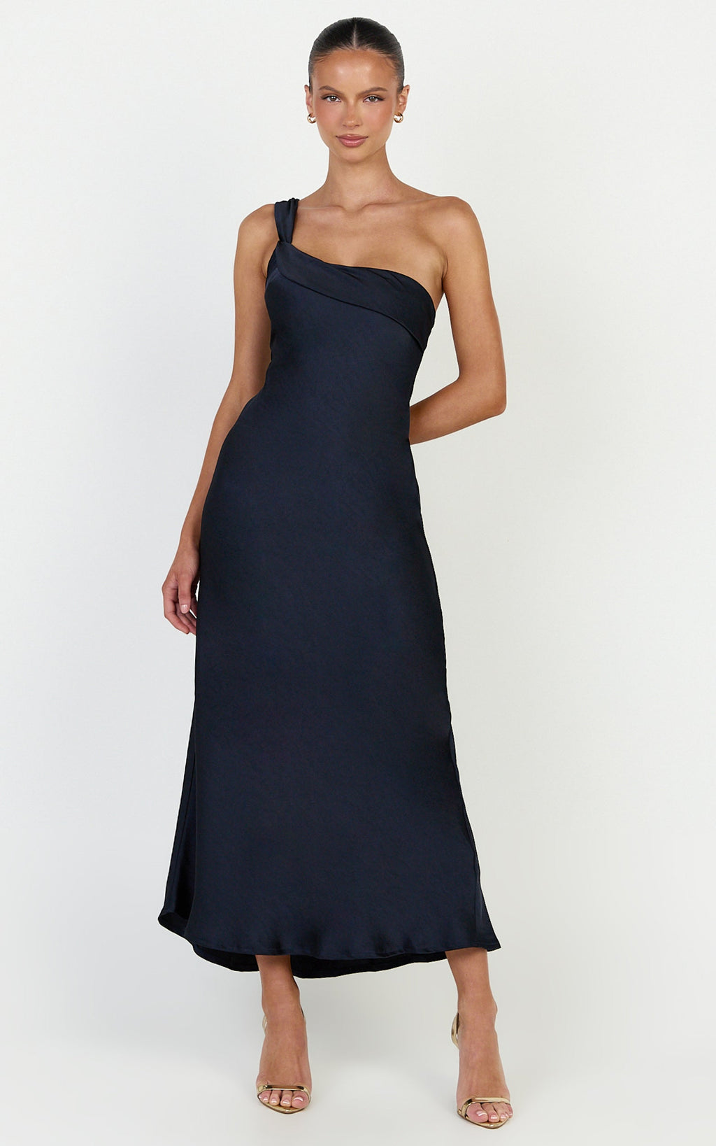 Calix Midi Elbise - Lacivert Tek Omuz Slip Elbise
