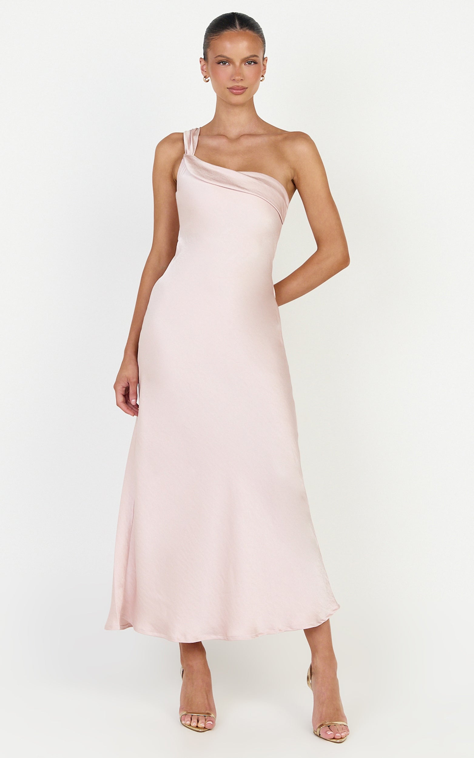 Calix Midi Elbise - Pembe Tek Omuz Slip Elbise