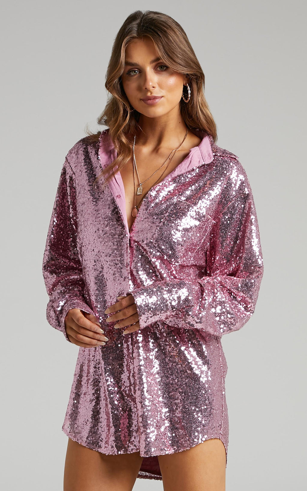 Cally Mini Elbise - Lila Payetli Oversize Gömlek Elbise