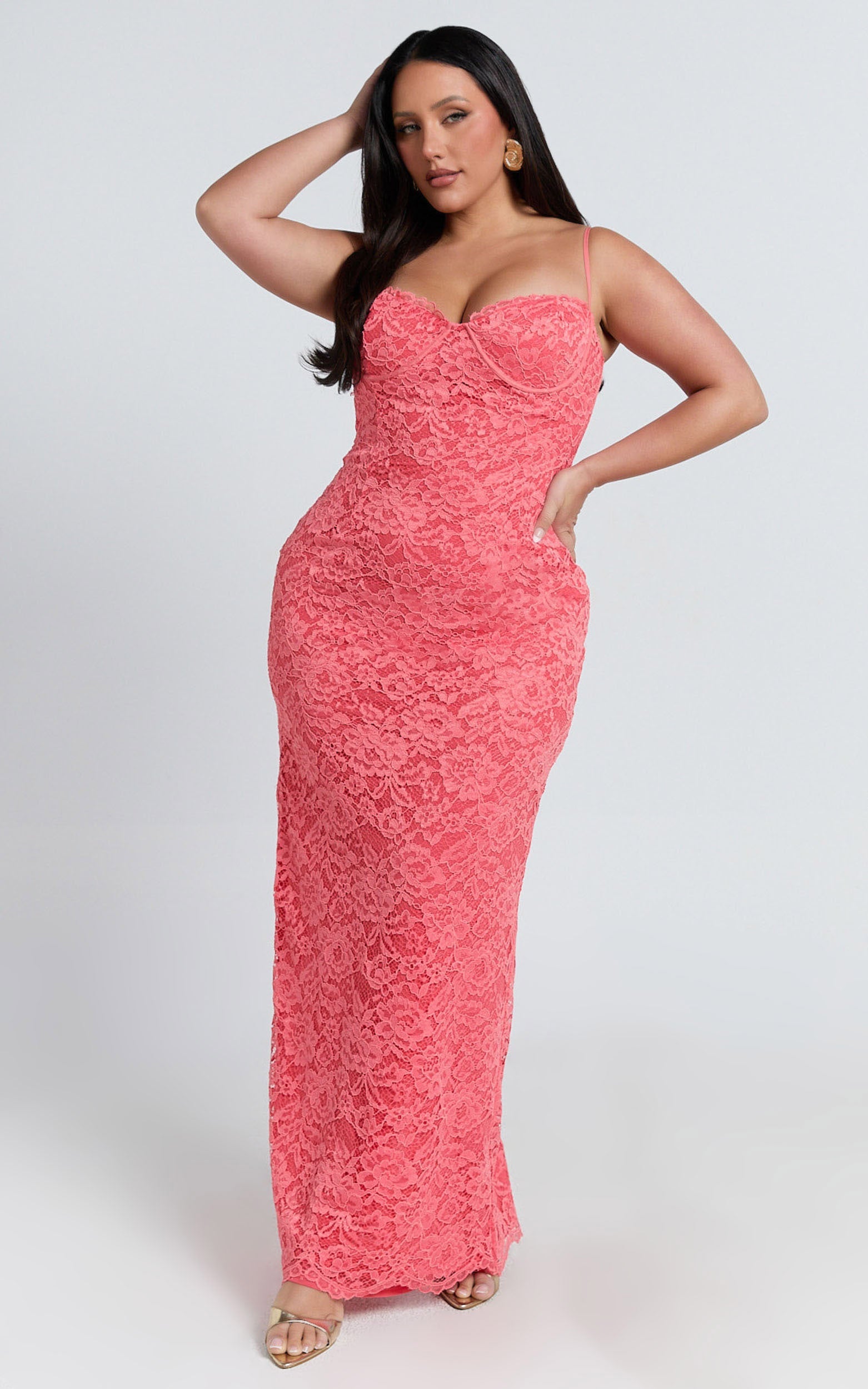Carli Maxi Elbise - Karpuz Kırmızısı Ayarlanabilir Askılı Korsajlı Bodycon Dantel Elbise