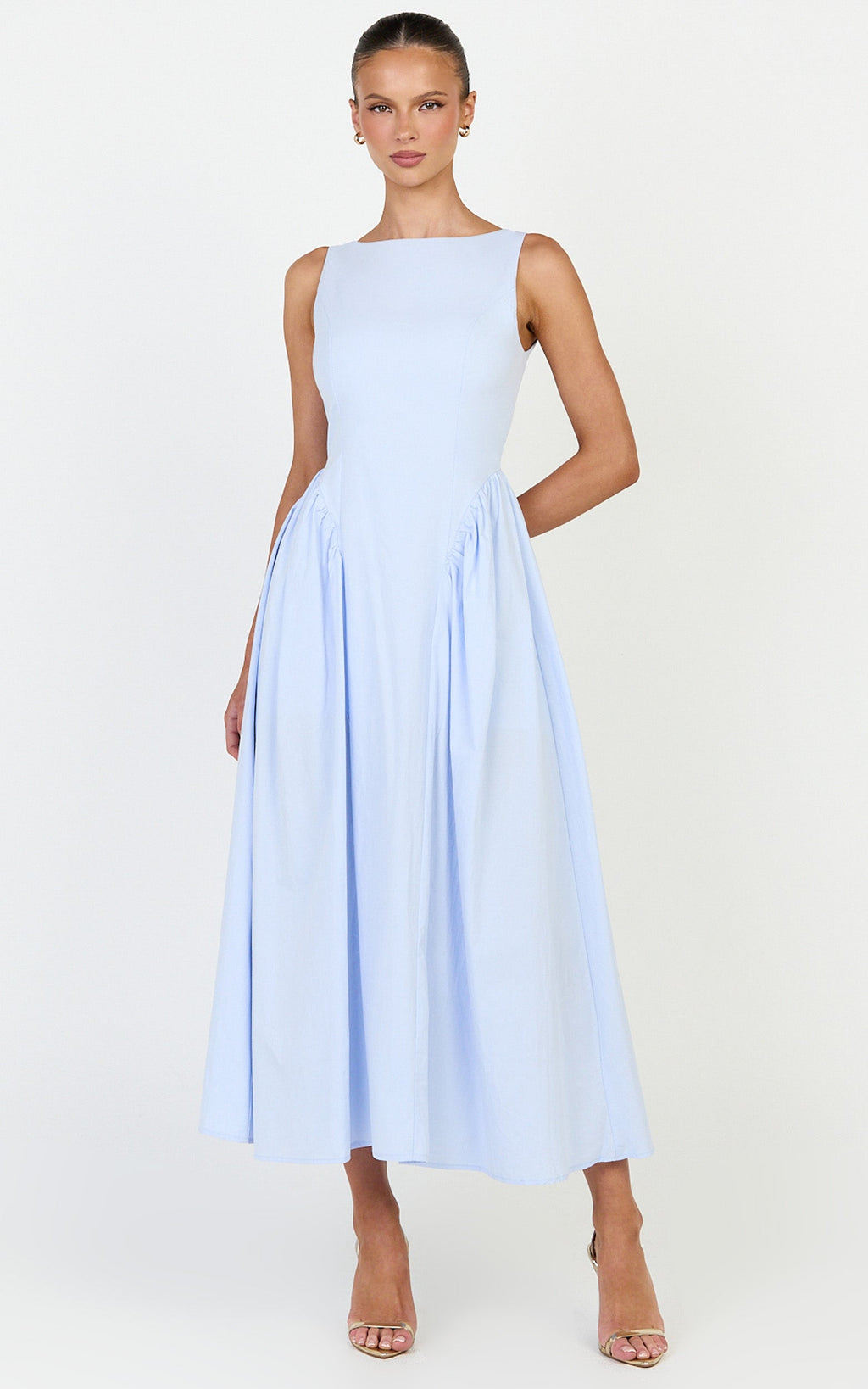 Casina Midi Elbise - Mavi Kayık Yaka Arkadan Bağlamalı Fit & Flare Elbise