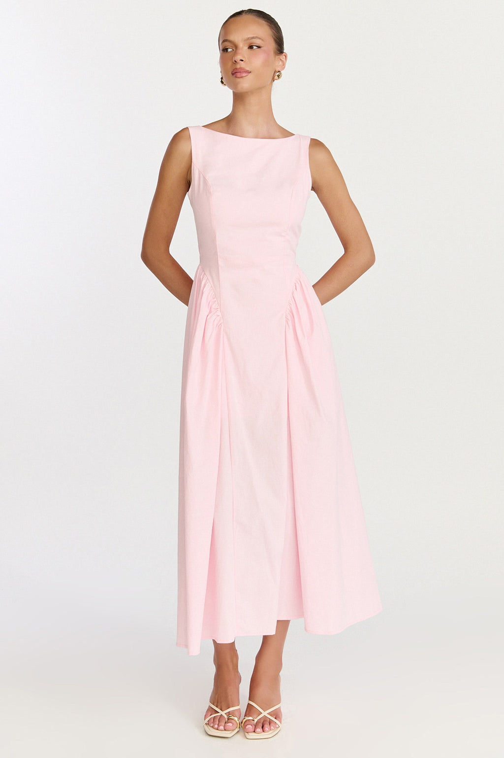 Casina Midi Elbise - Açık Pembe Kayık Yaka Arkadan Bağlamalı Fit & Flare Elbise