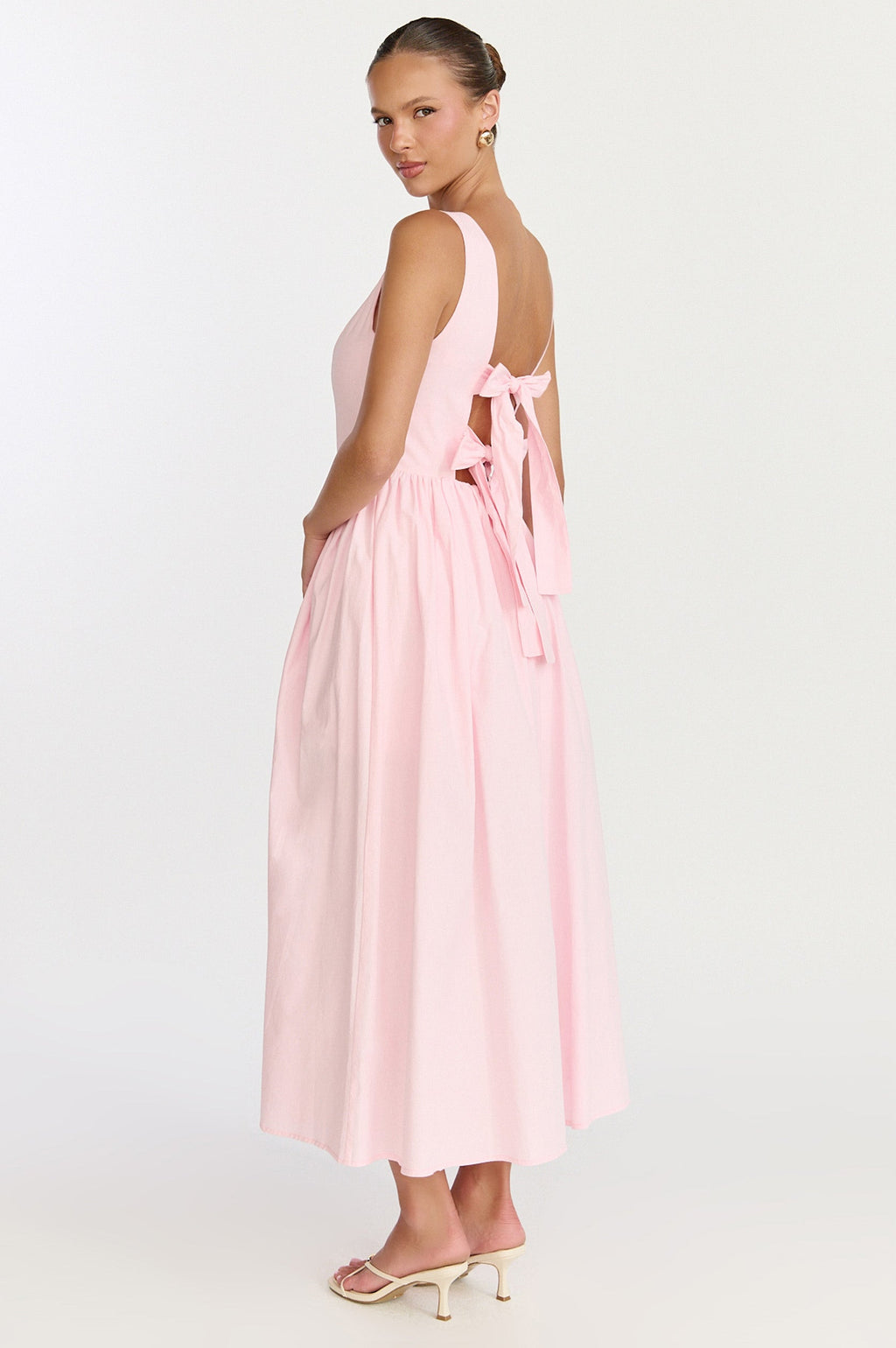 Casina Midi Elbise - Açık Pembe Kayık Yaka Arkadan Bağlamalı Fit & Flare Elbise