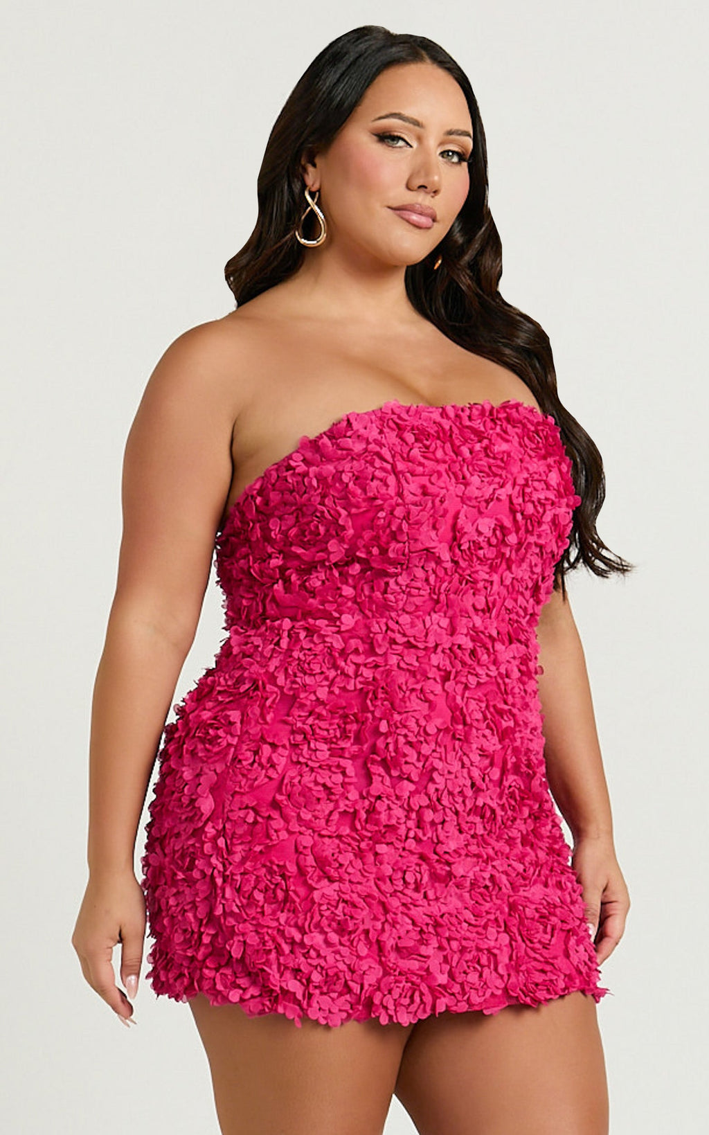 Cassia Mini Elbise - Pembe Straplez 3D Çiçekli Sırtı Bağcıklı Elbise
