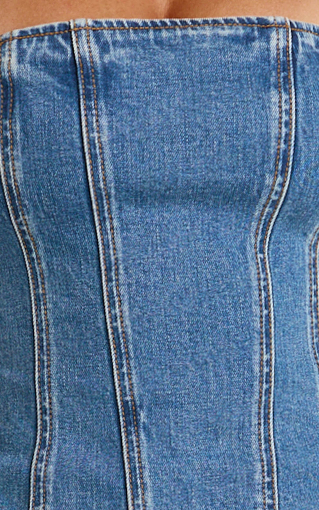 Chaney Üst - Panelli Denim Boyundan Bağlamalı Üst - Orta Mavi Yıkama