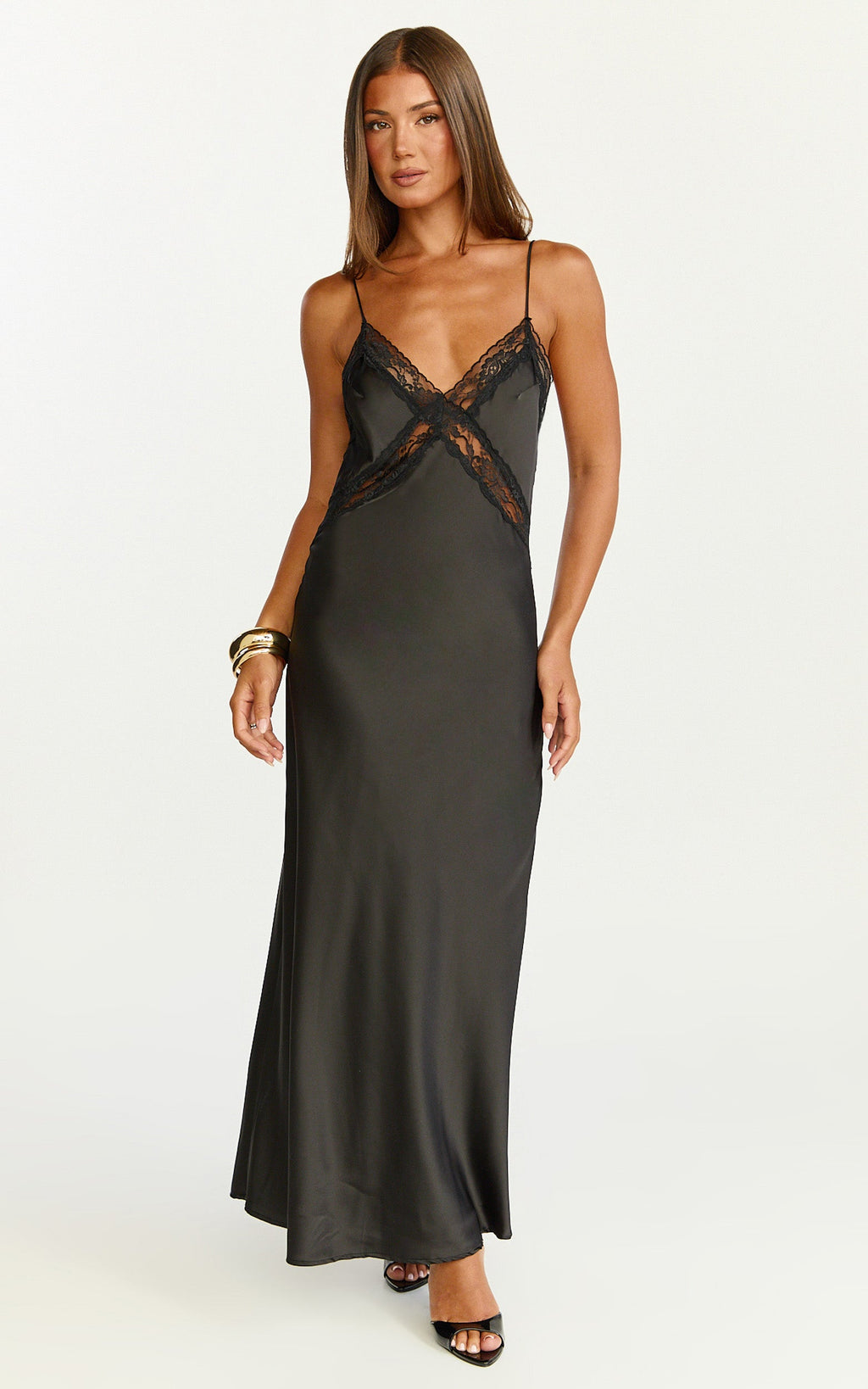 Christy Midi Elbise - V Yaka Dantel Detaylı Slip Elbise - Siyah