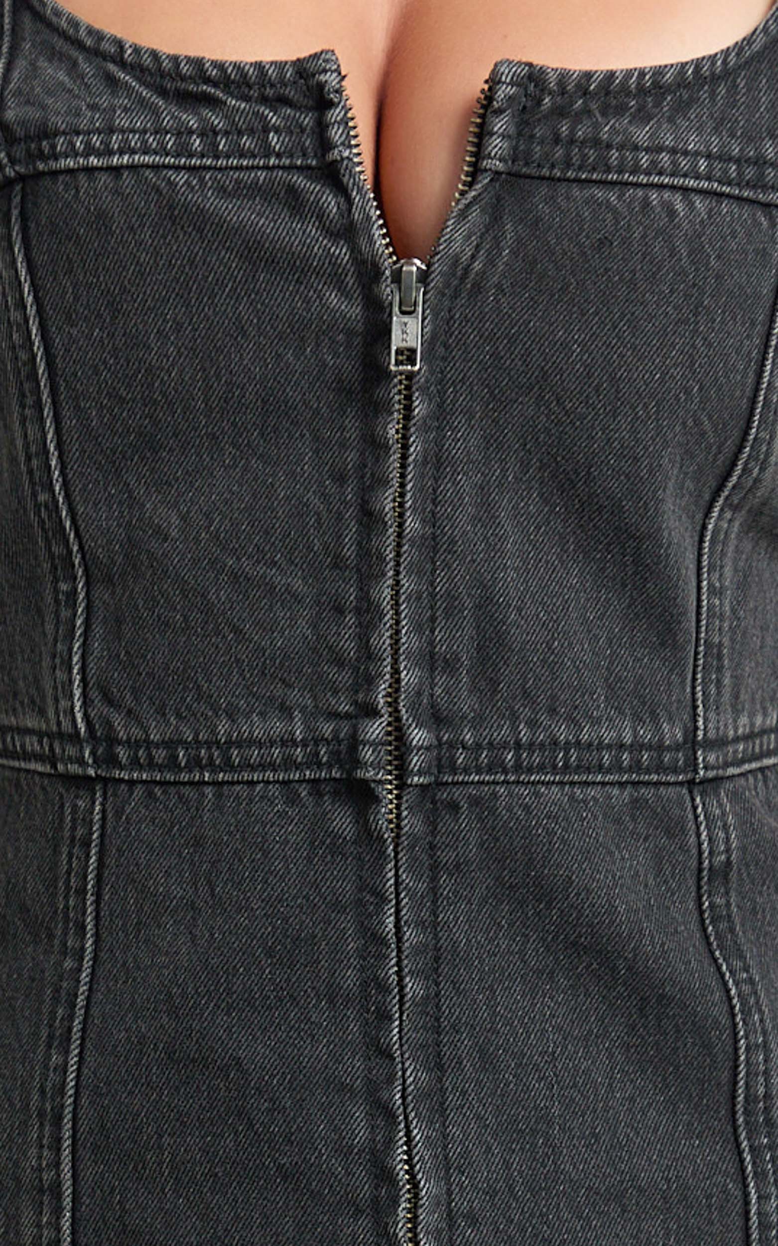 Chrysoula Mini Elbise - Yıkanmış Siyah Kare Yaka Önden Fermuarlı Kolsuz Bodycon Denim Elbise