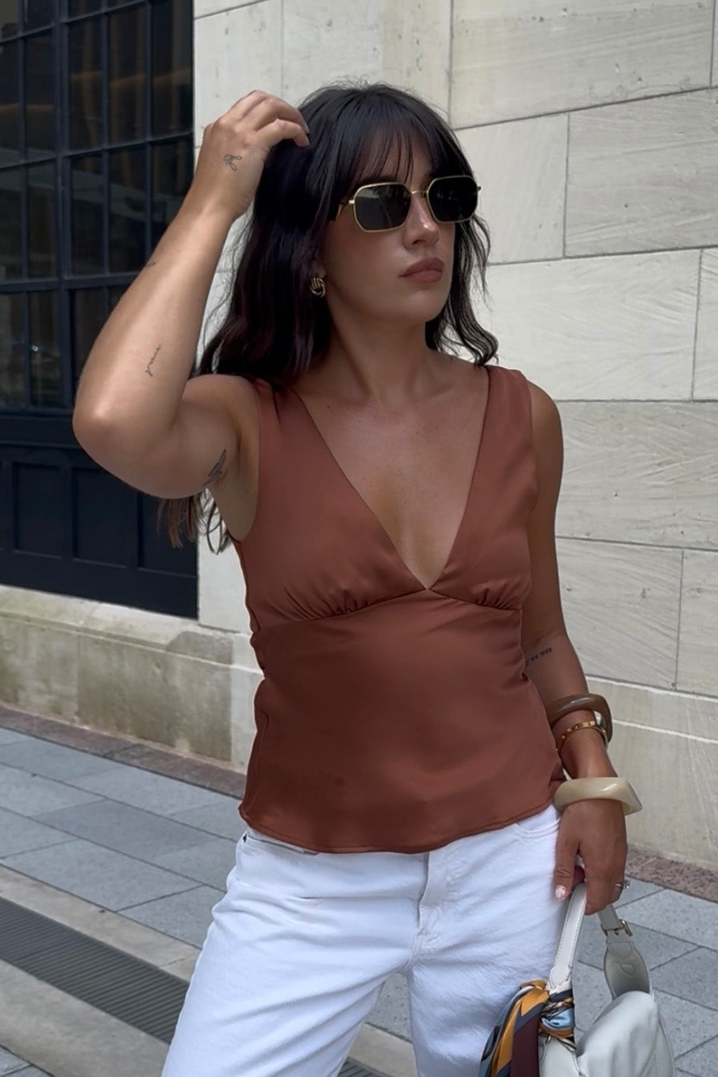 Clarah Terracotta Saten Askılı Bluz