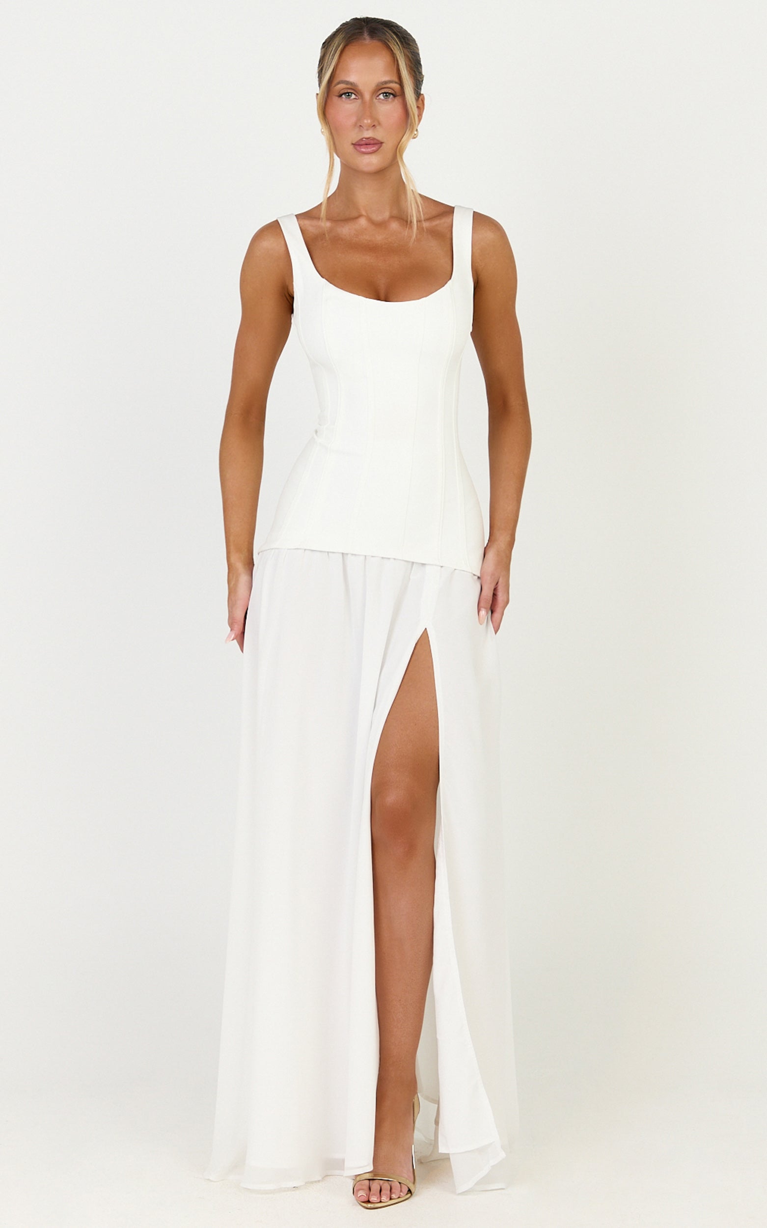 Coco Maxi Elbise - Beyaz Korse Büstlü Fit & Flare Elbise