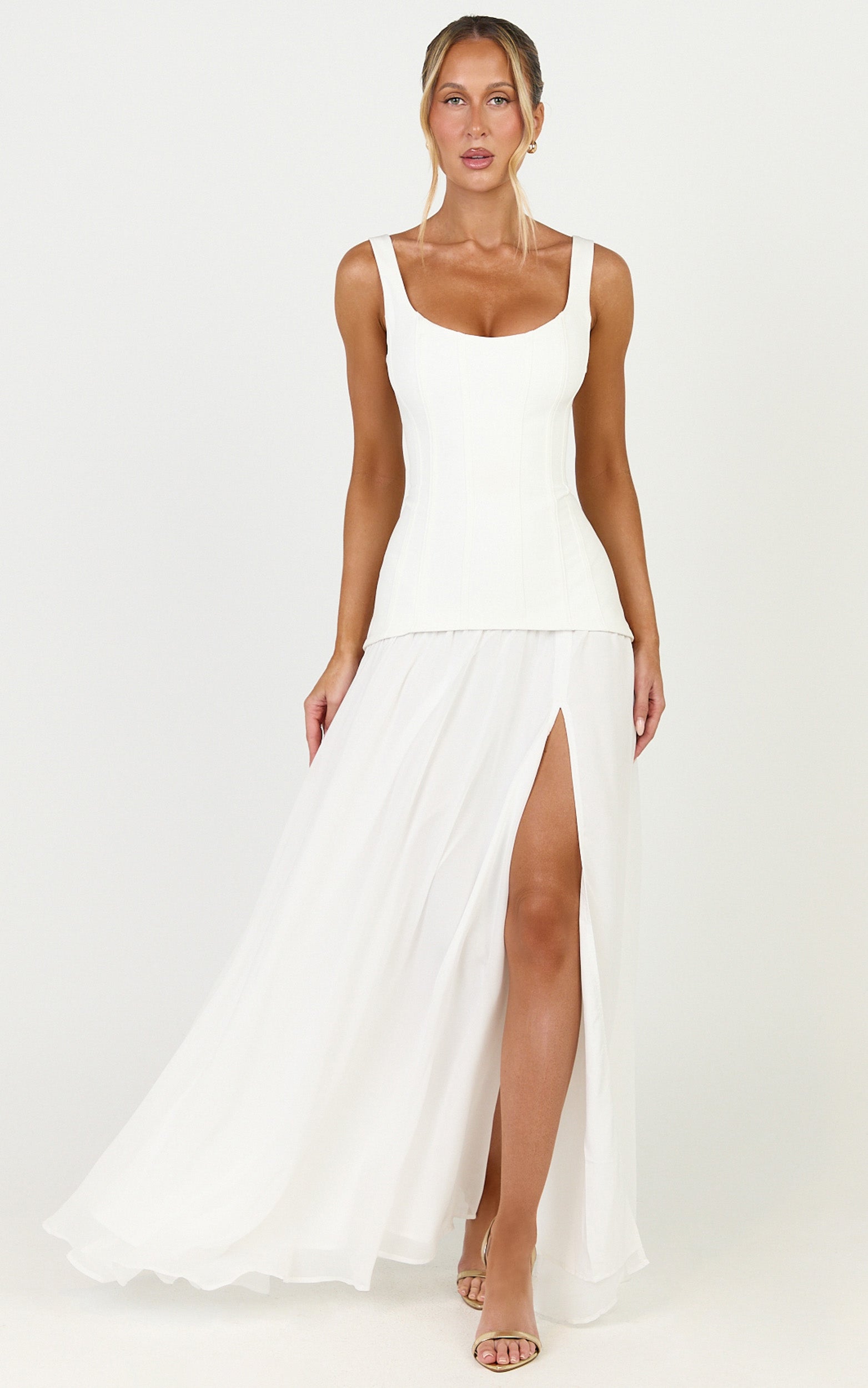Coco Maxi Elbise - Beyaz Korse Büstlü Fit & Flare Elbise