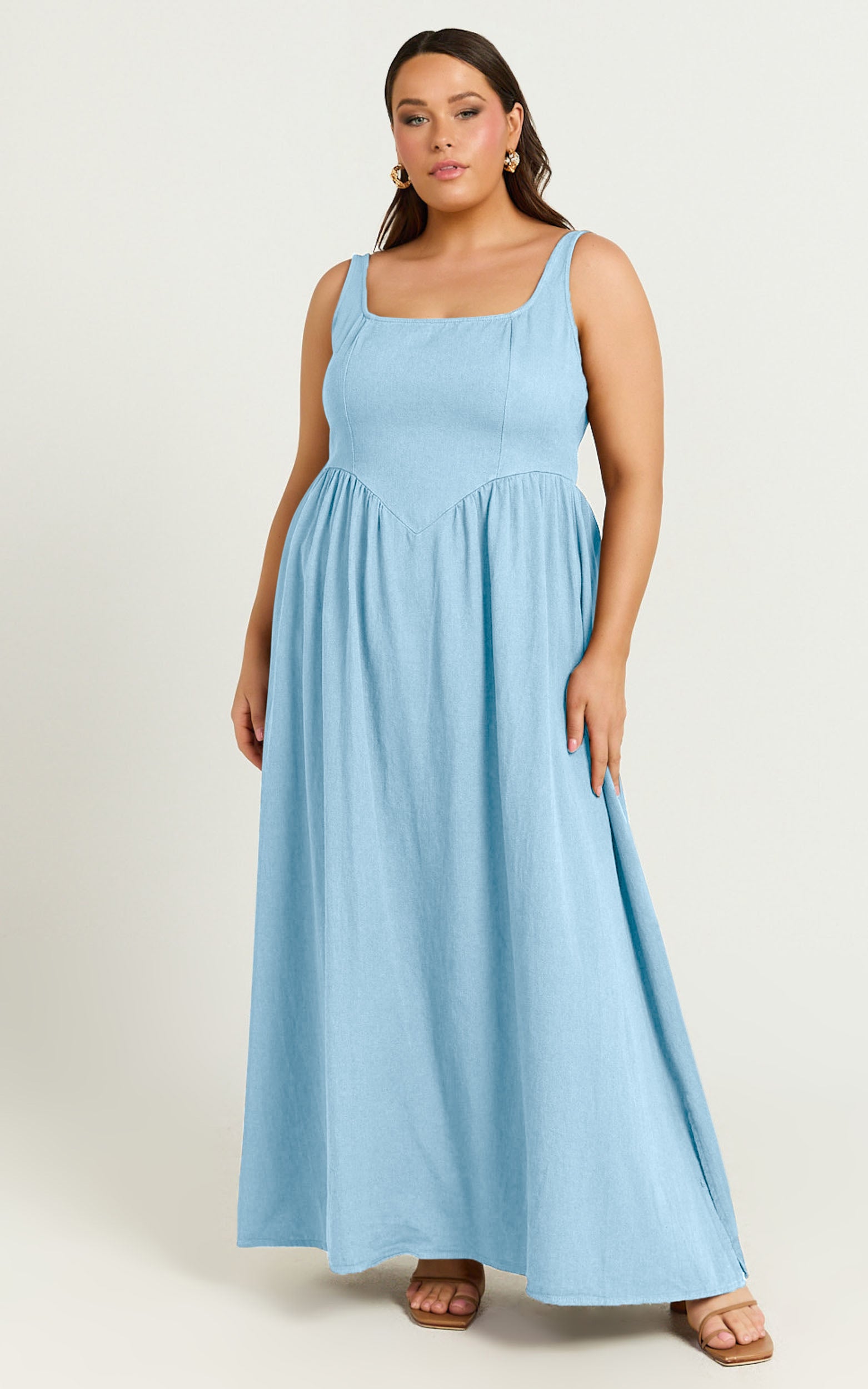 Rhaziya Midi Elbise - Mavi Kolsuz Düz Yaka Fit & Flare Elbise