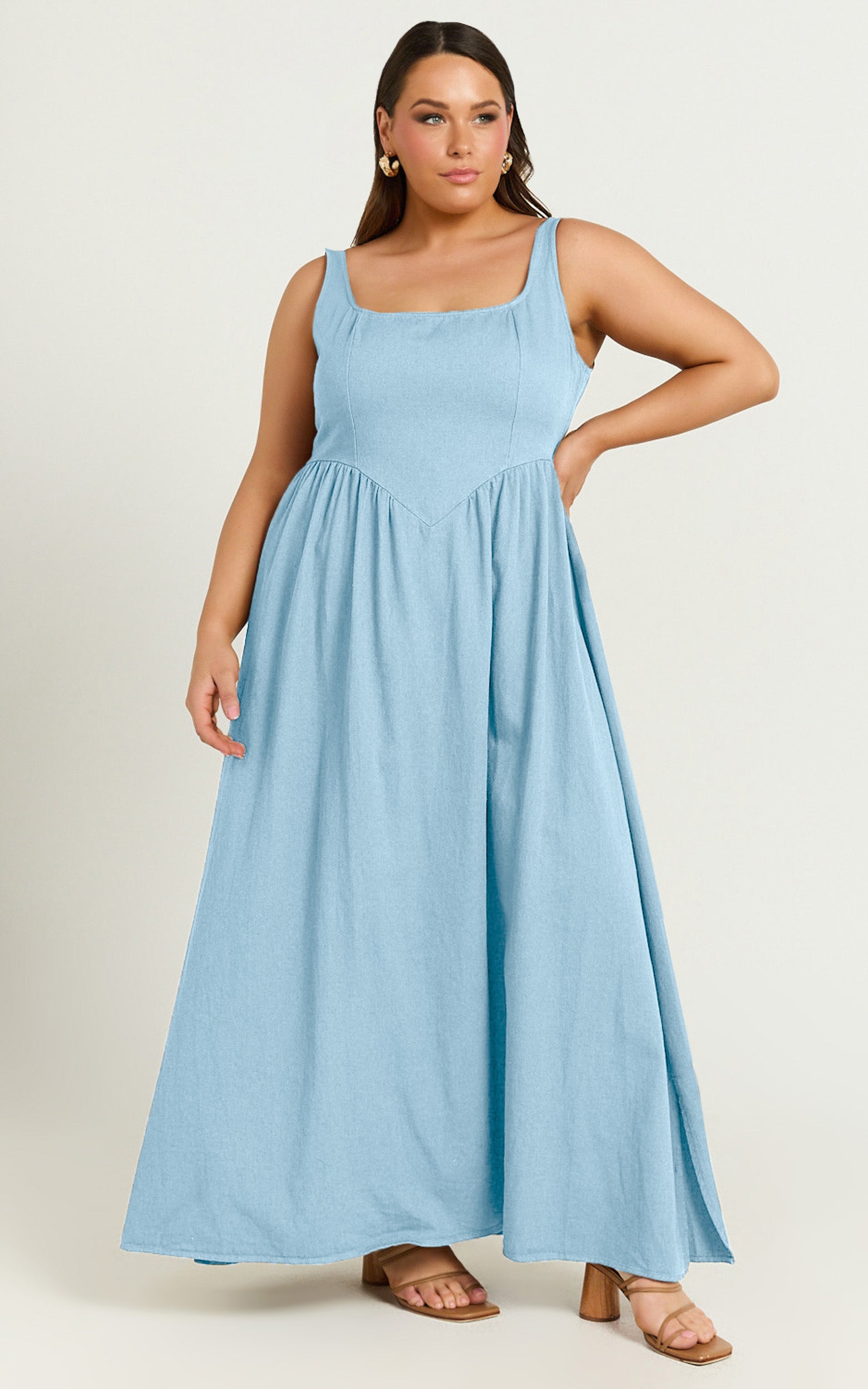 Rhaziya Midi Elbise - Mavi Kolsuz Düz Yaka Fit & Flare Elbise