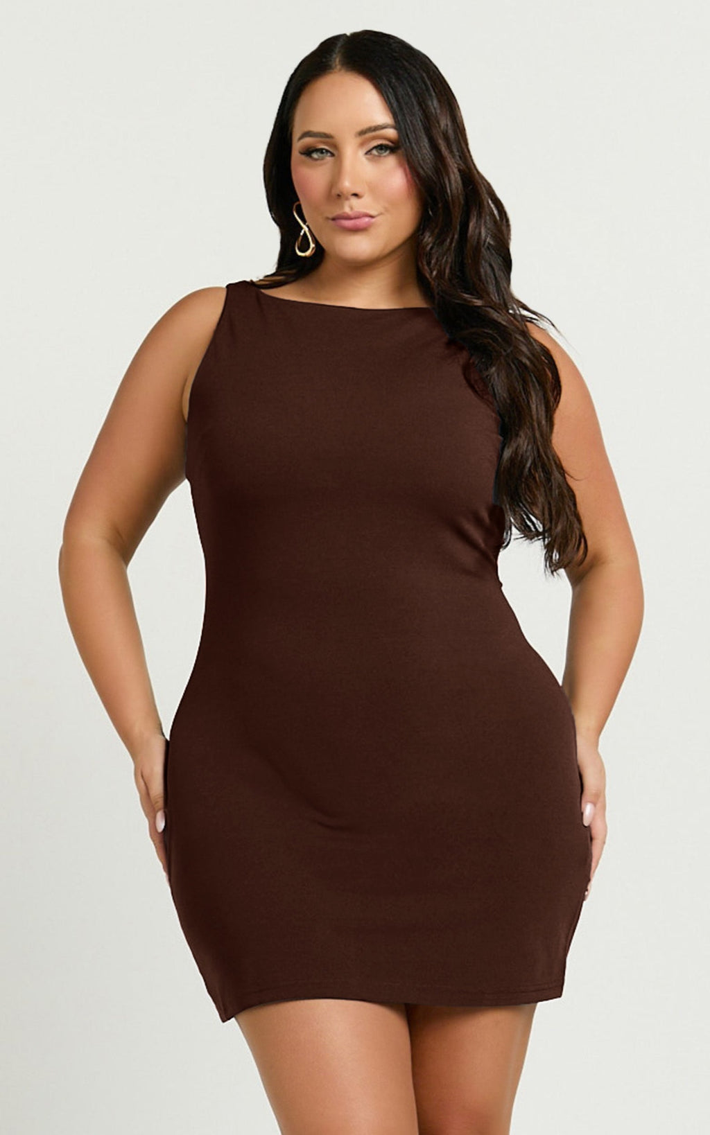 Bindi Mini Elbise - Çikolata Kahvesi Kayık Yaka Bodycon Elbise