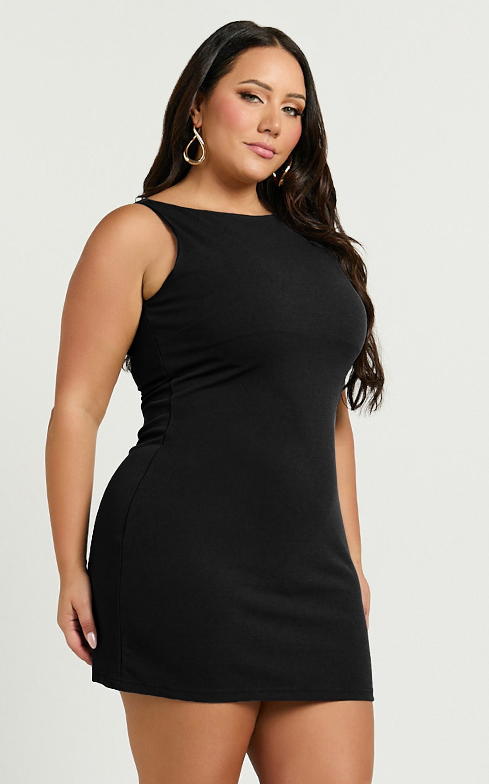 Bindi Mini Elbise - Siyah Kayık Yaka Bodycon Elbise