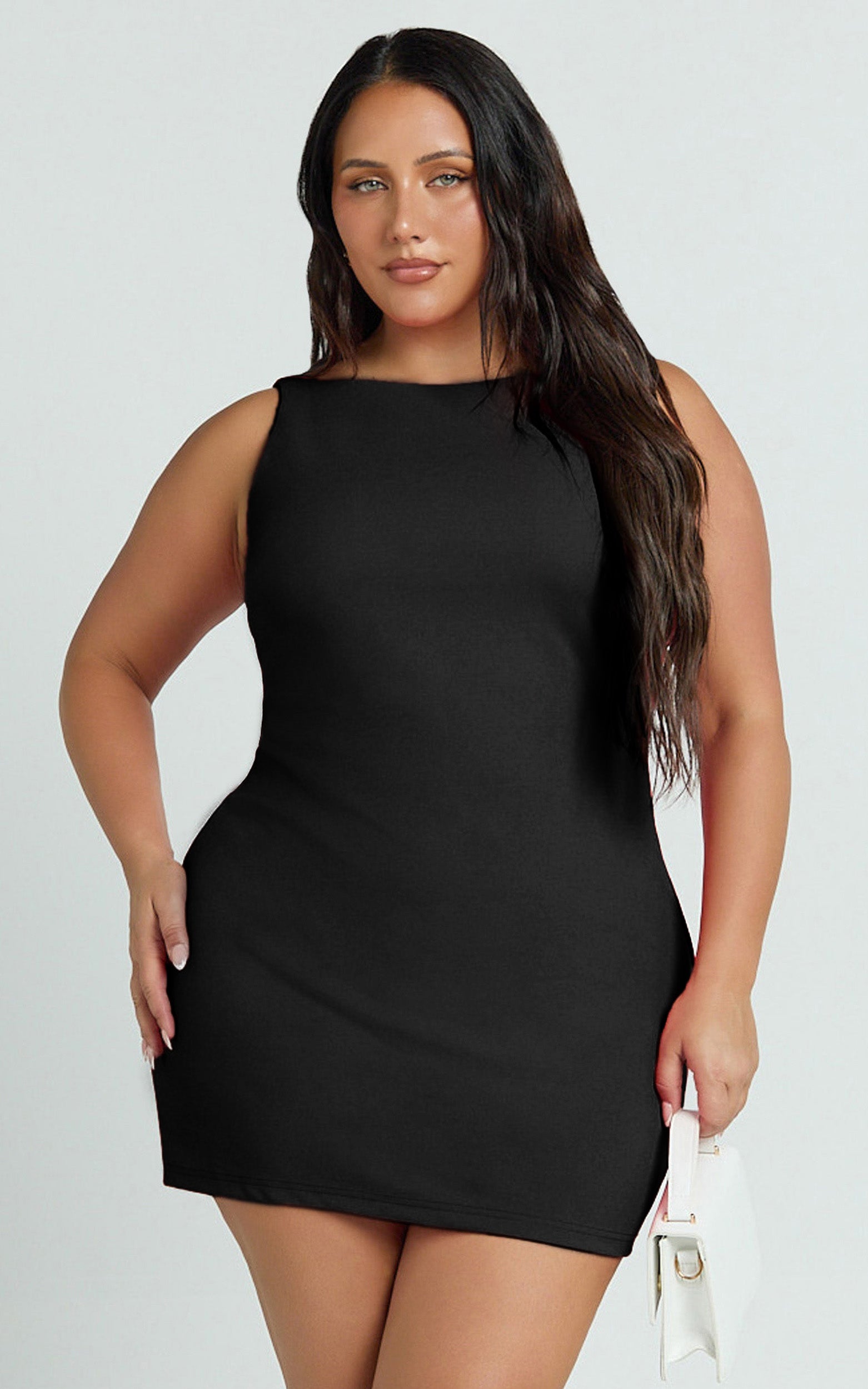 Bindi Mini Elbise - Siyah Kayık Yaka Bodycon Elbise