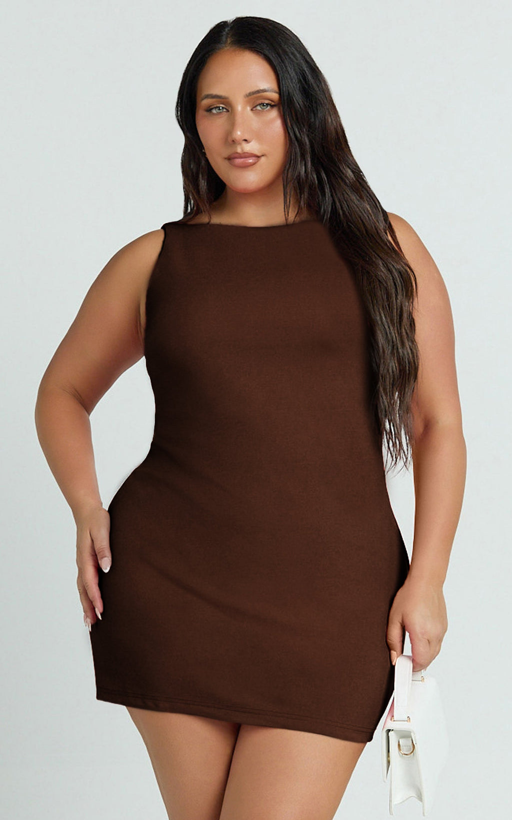 Bindi Mini Elbise - Çikolata Kahvesi Kayık Yaka Bodycon Elbise