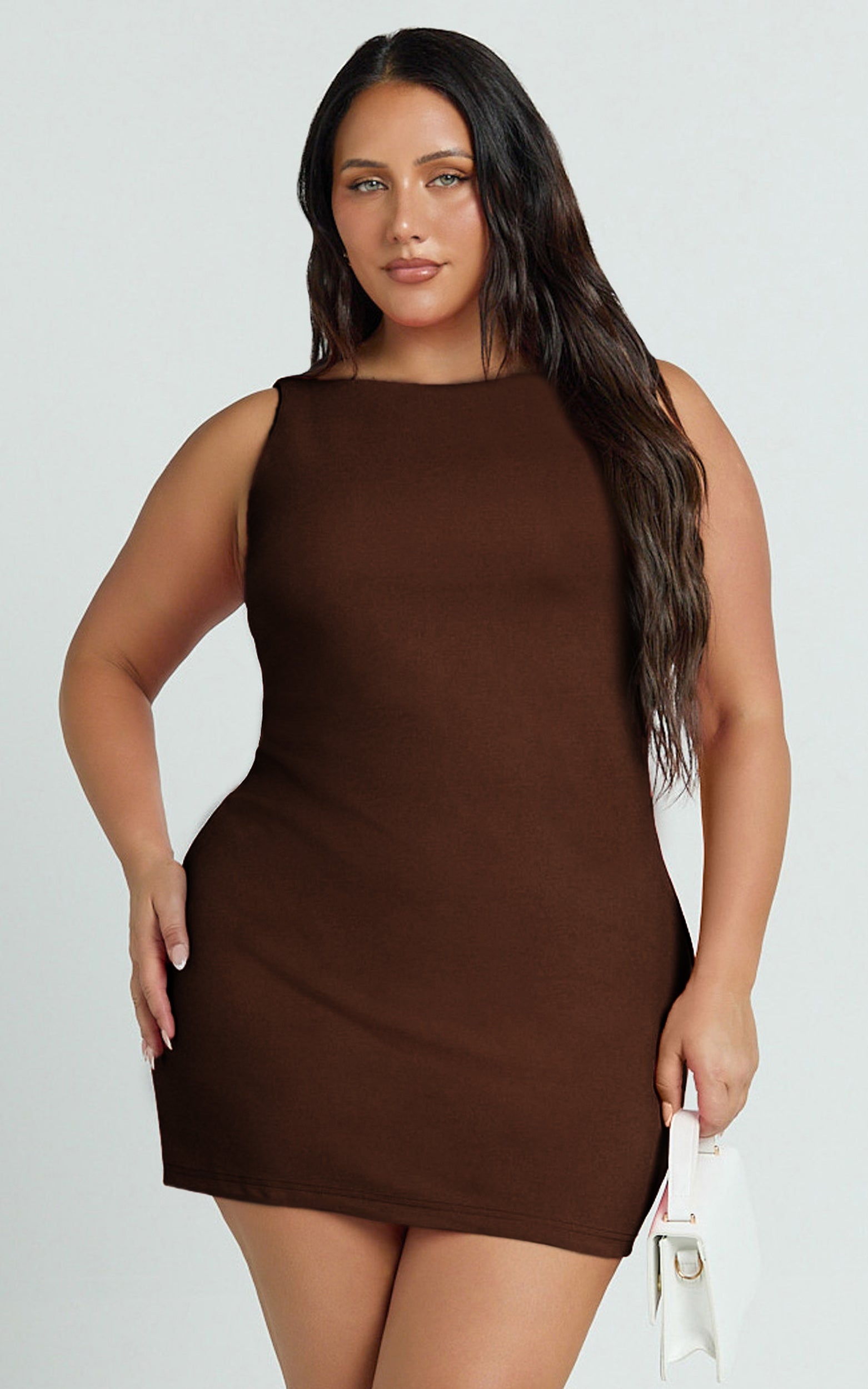 Bindi Mini Elbise - Çikolata Kahvesi Kayık Yaka Bodycon Elbise
