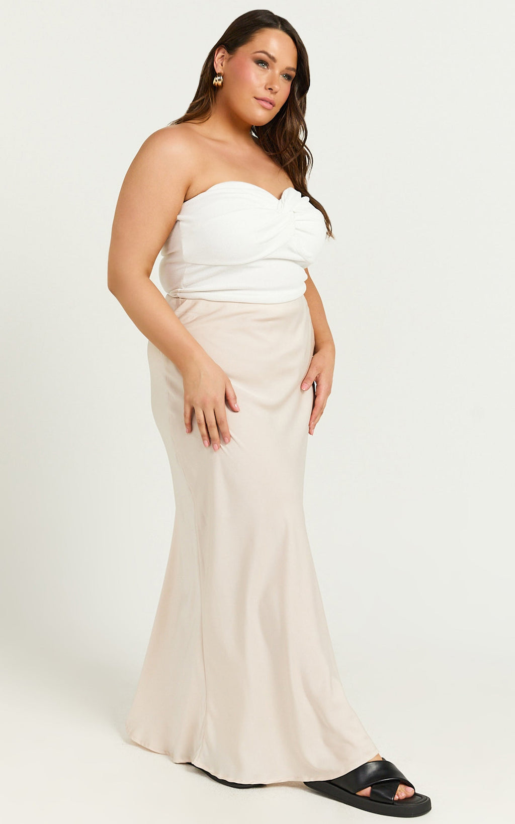 Amari Maxi Etek - İstiridye Rengi Yüksek Bel Verev Kesim Etek
