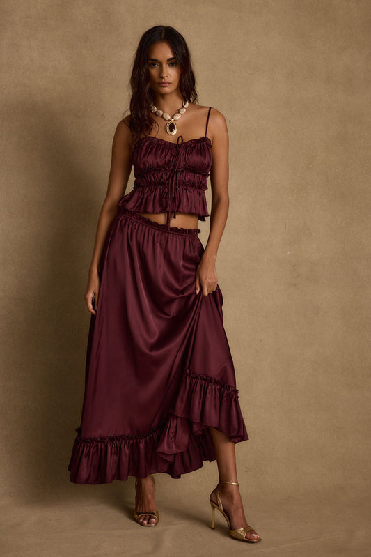 Dahlia Mürdüm Saten Maxi Etek