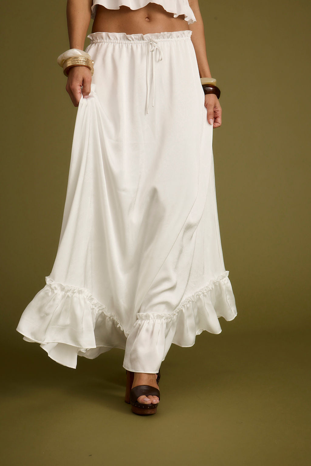 Dahlia Beyaz Saten Maxi Etek